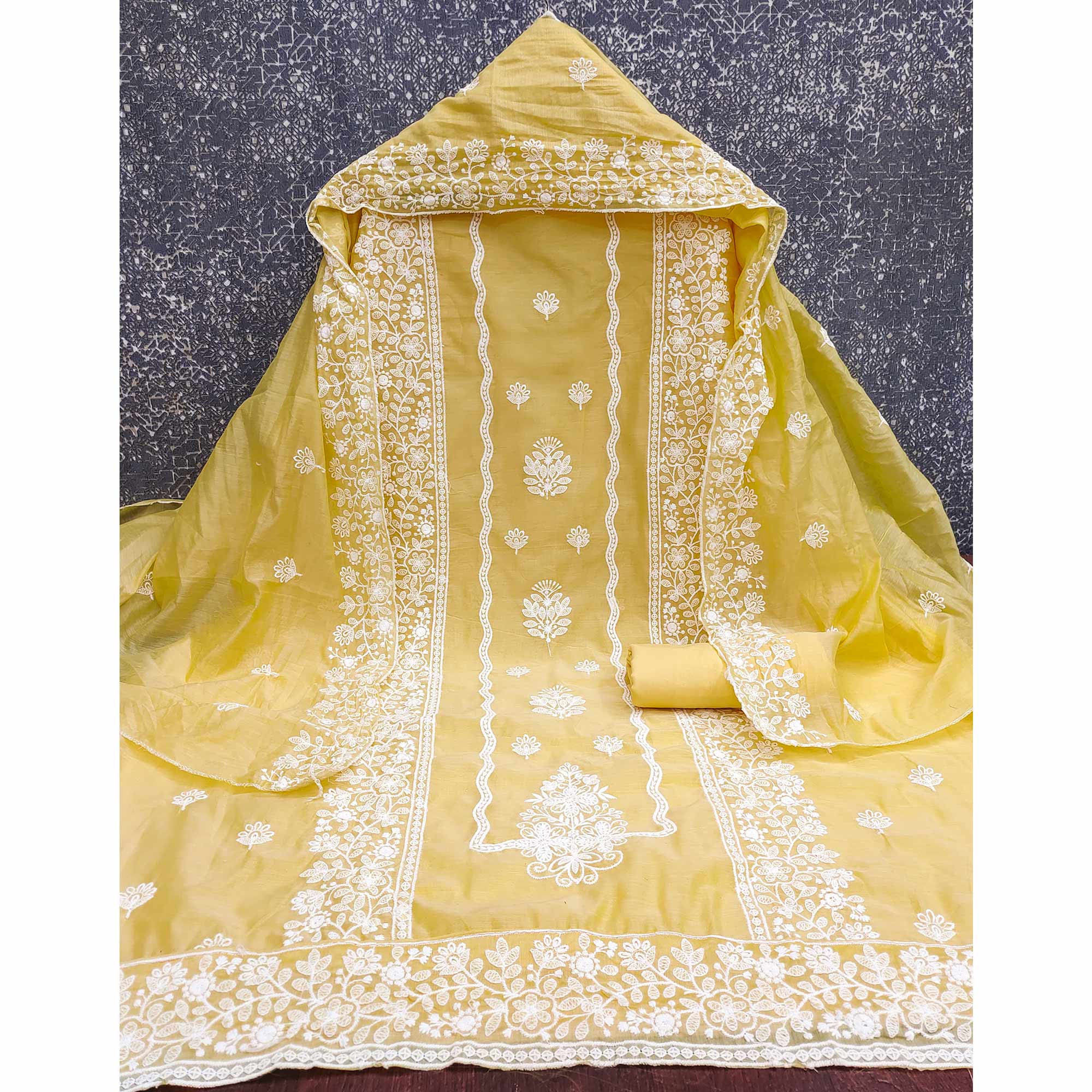 Yellow Chanderi Silk Dress Material With Exquisite Floral Thread Embroidery
