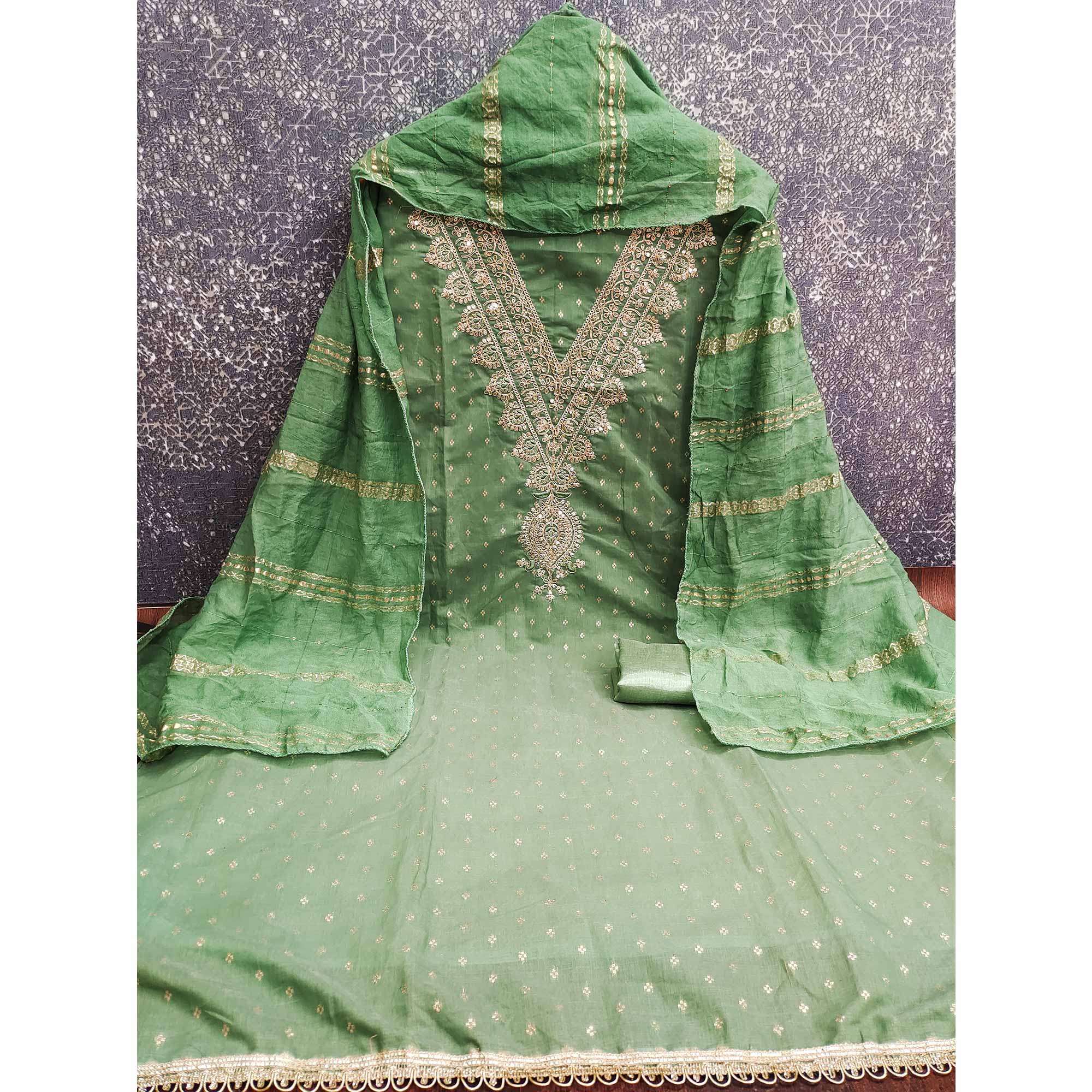 Festive Green Embroidered Dress Material Crafted from Rich Chanderi Silk with Zari Work