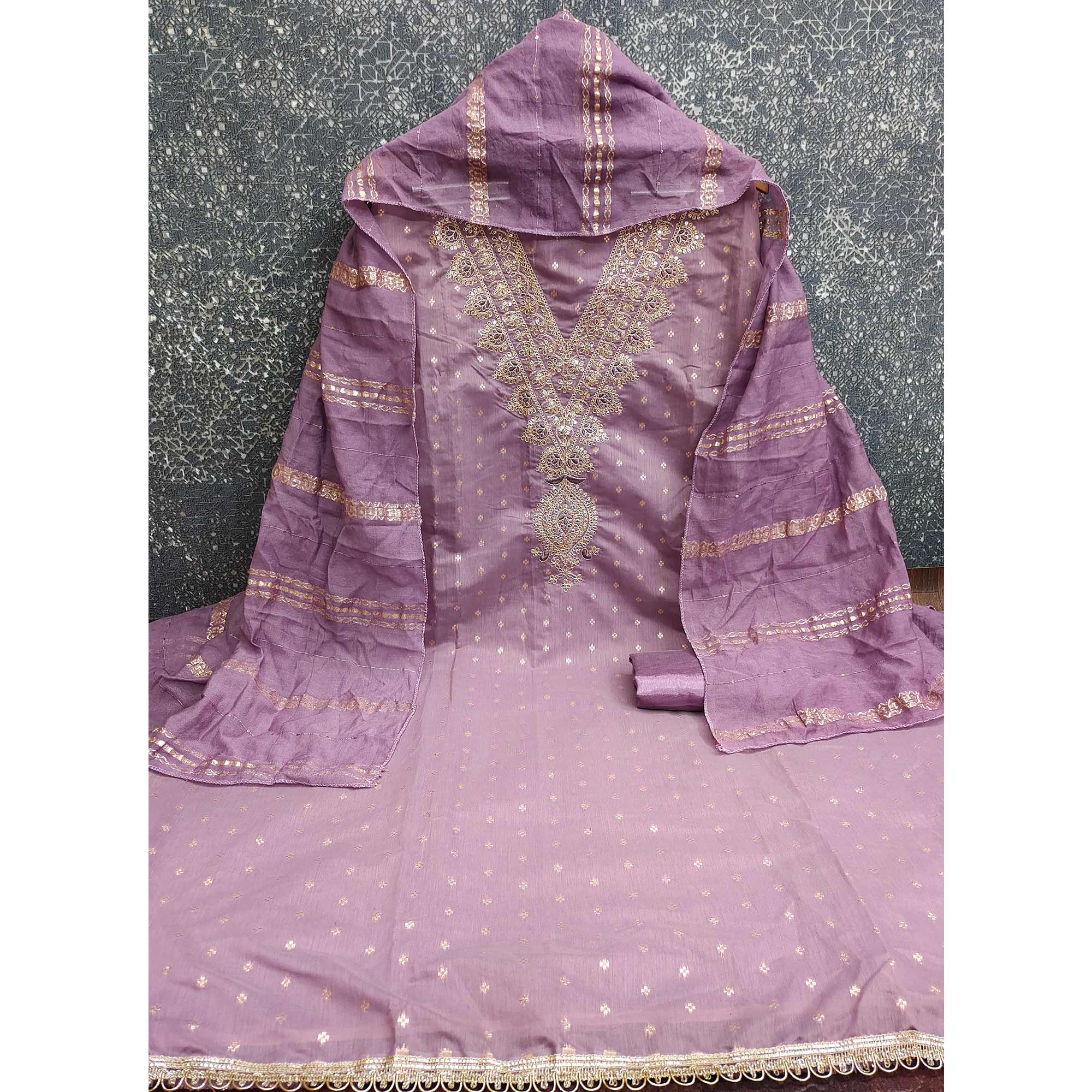 Festive Lavender Embroidered Dress Material Crafted from Rich Chanderi Silk with Zari Work