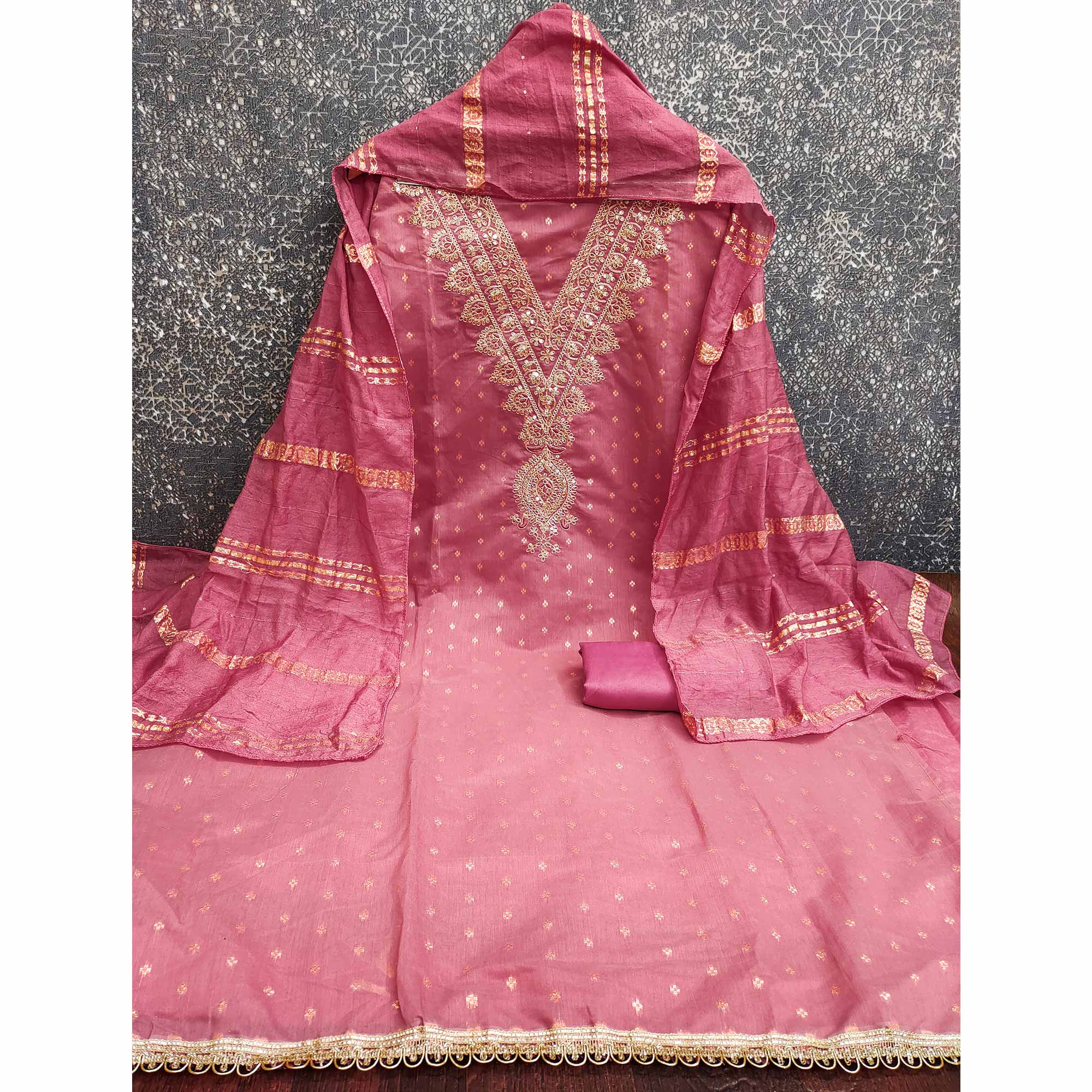Festive Pink Embroidered Dress Material Crafted from Rich Chanderi Silk with Zari Work