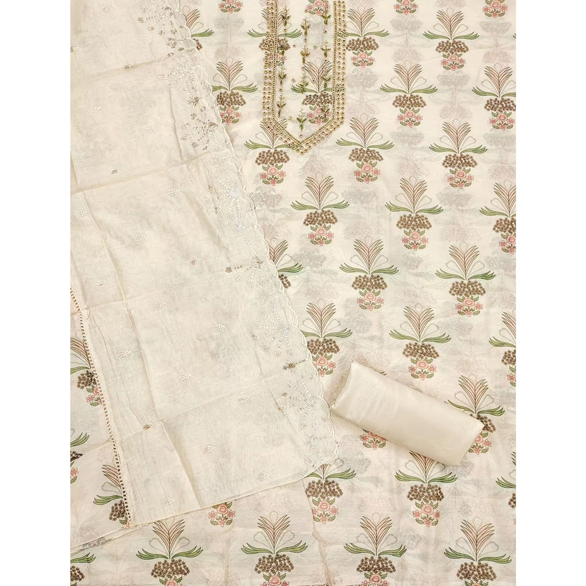 Cream Modal Chanderi Silk Unstitched Suit Material Showcasing Jaipuri Inspired Floral Designs