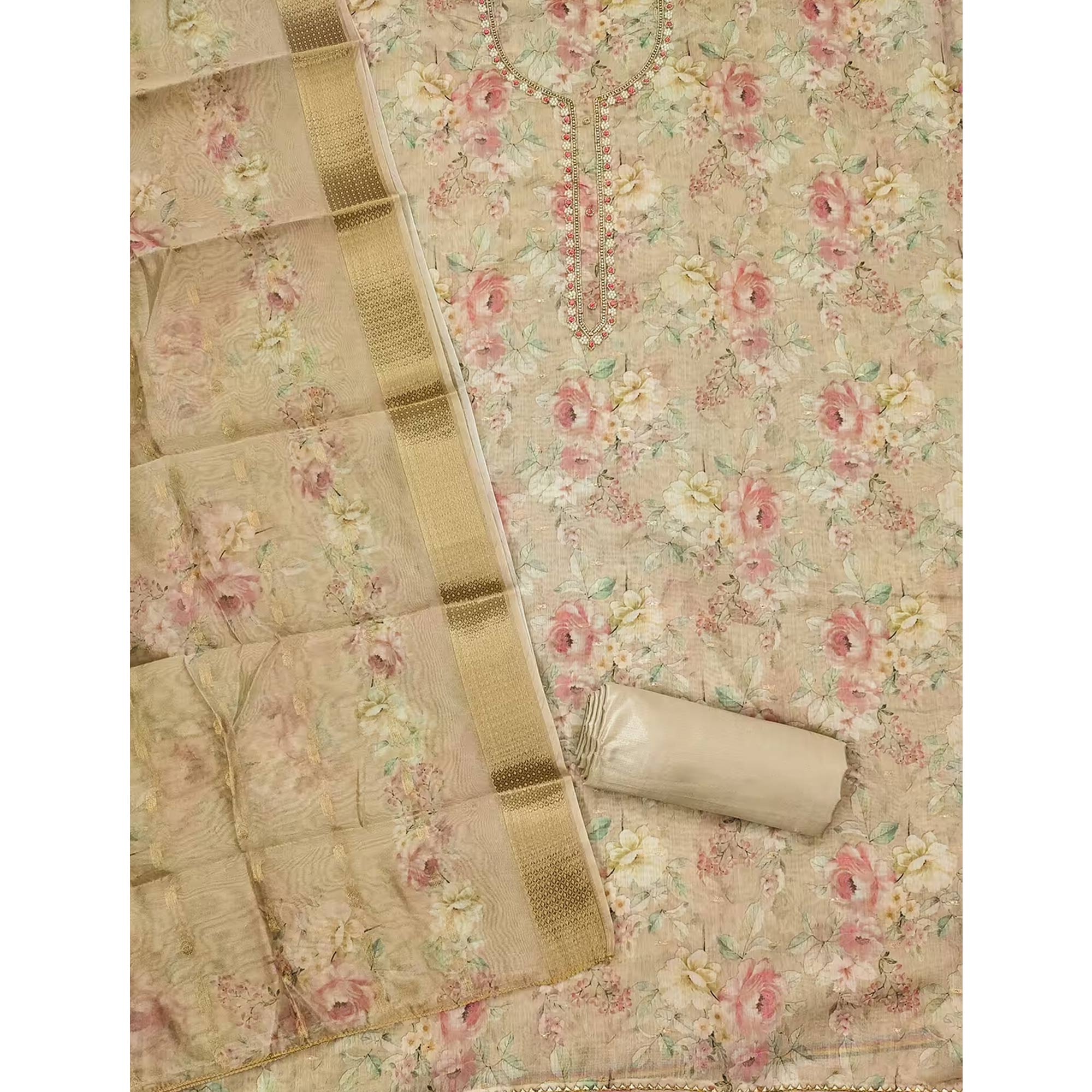 Beige Chanderi Silk Dress Material Showcasing Floral Prints with Subtle Beads Detailing