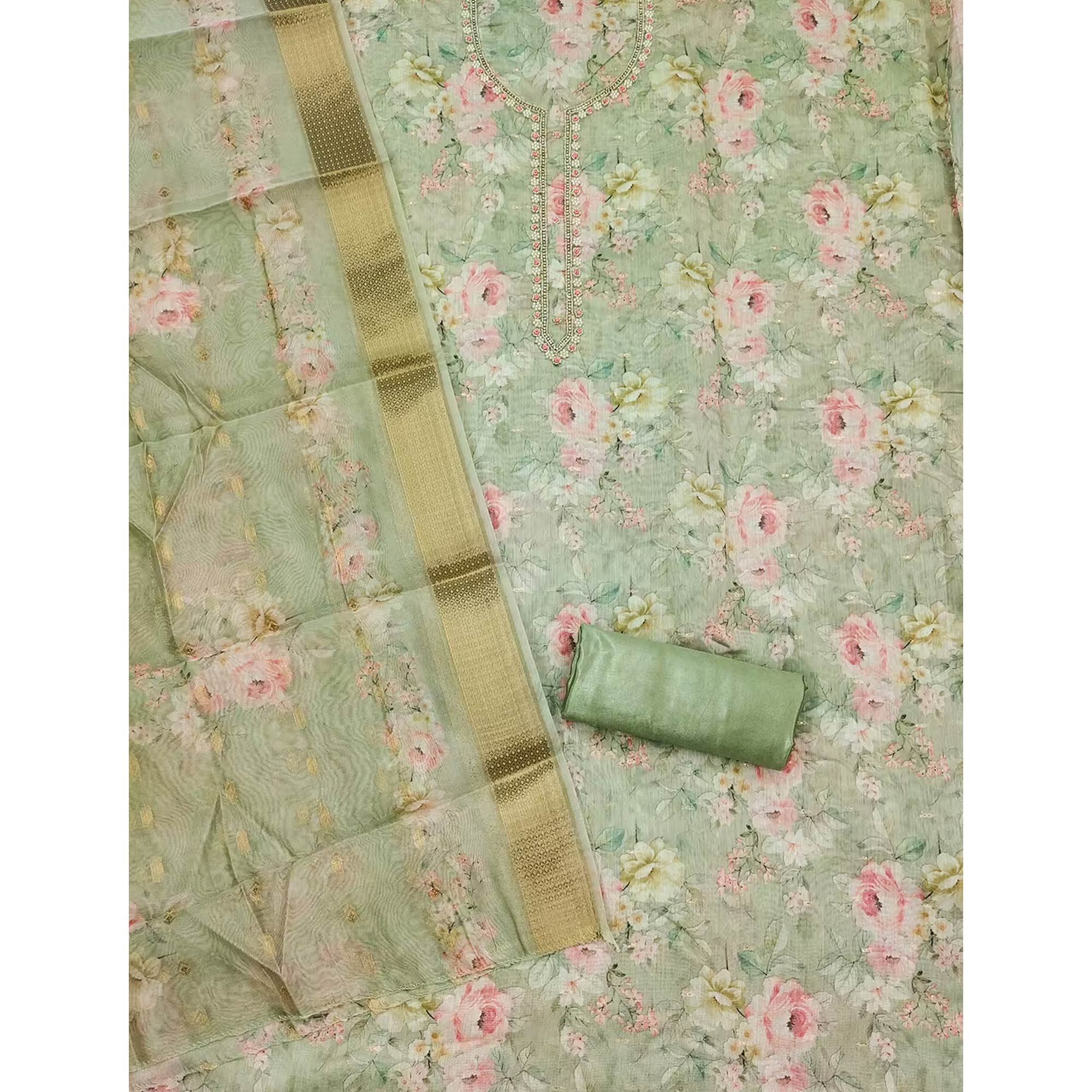 Pista Green Chanderi Silk Dress Material Showcasing Floral Prints with Subtle Beads Detailing