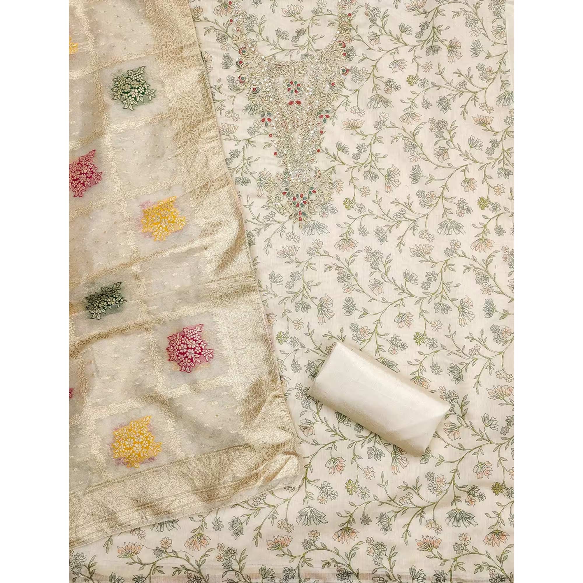 Cream & Blue Floral Printed Chanderi Silk Dress Material Adorned with Fine Embroidered Work