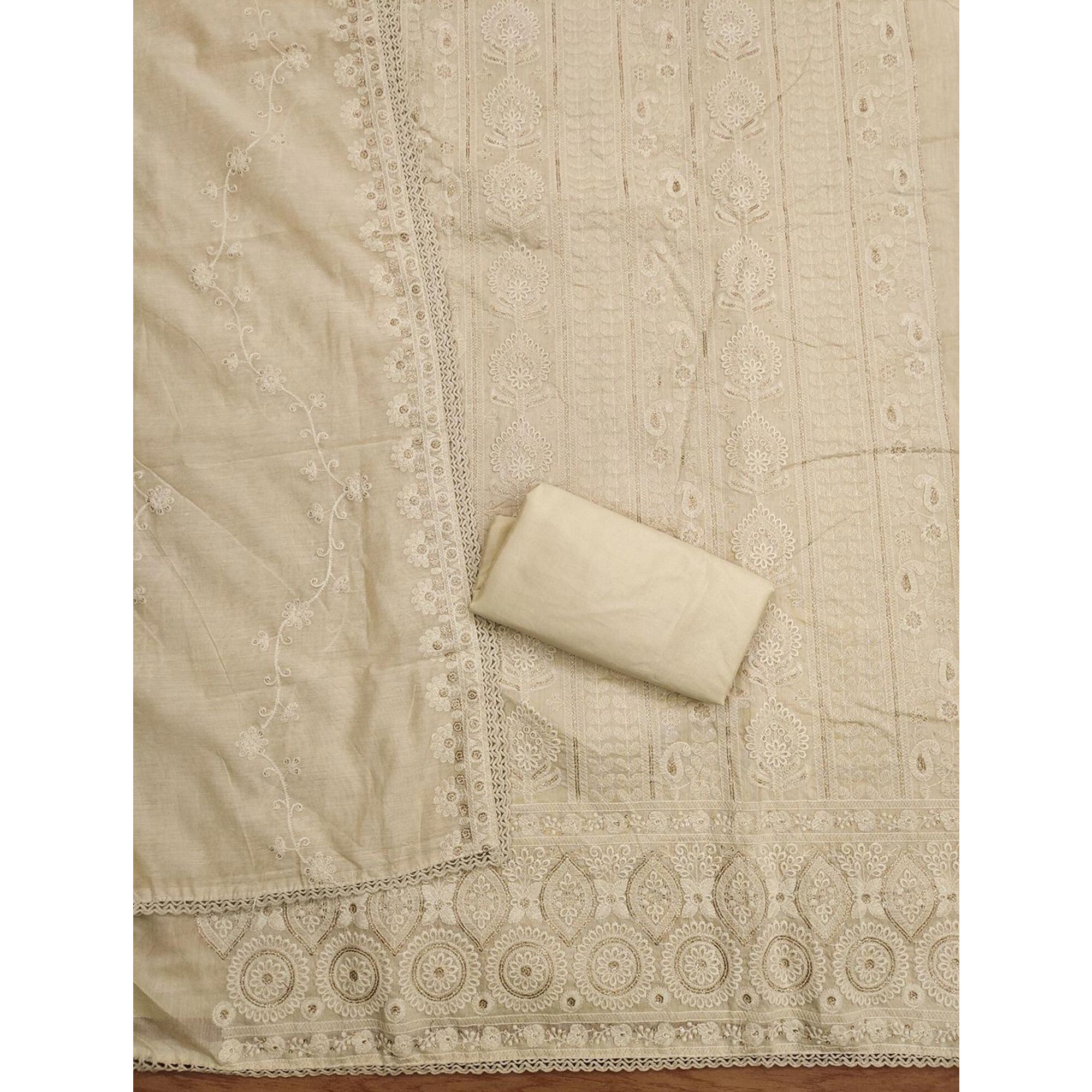 Graceful Cream Chanderi Silk Dress Material Featuring Intricate Lucknowi Embroidery