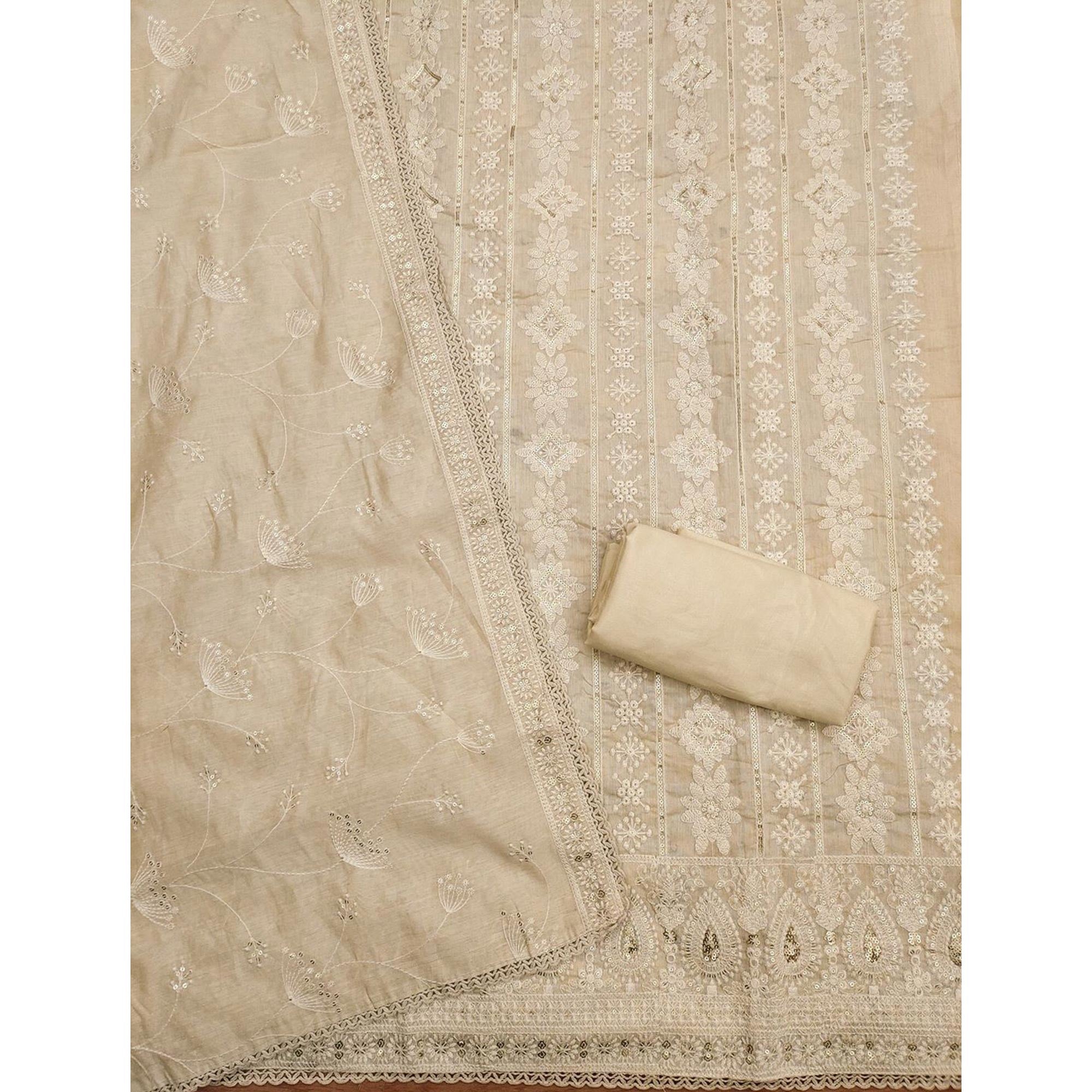 Designer Cream Chanderi Silk Fabric Set with Traditional Lucknowi Embroidered Detailing