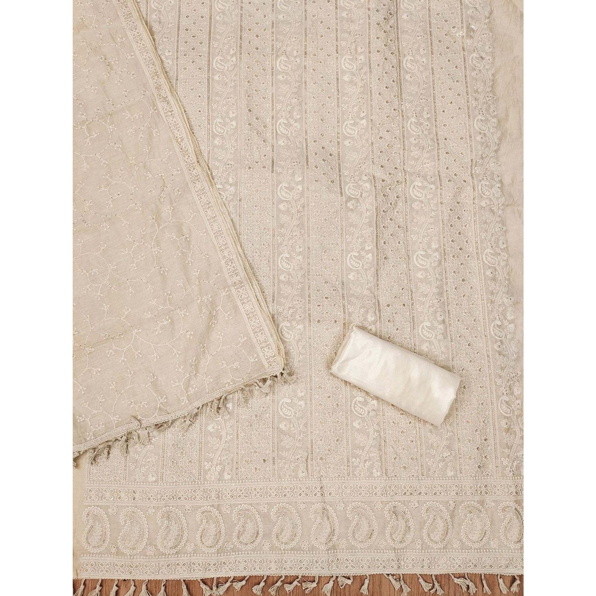 Elegant Cream Lucknowi Embroidery on Chanderi Silk Unstitched Suit Material