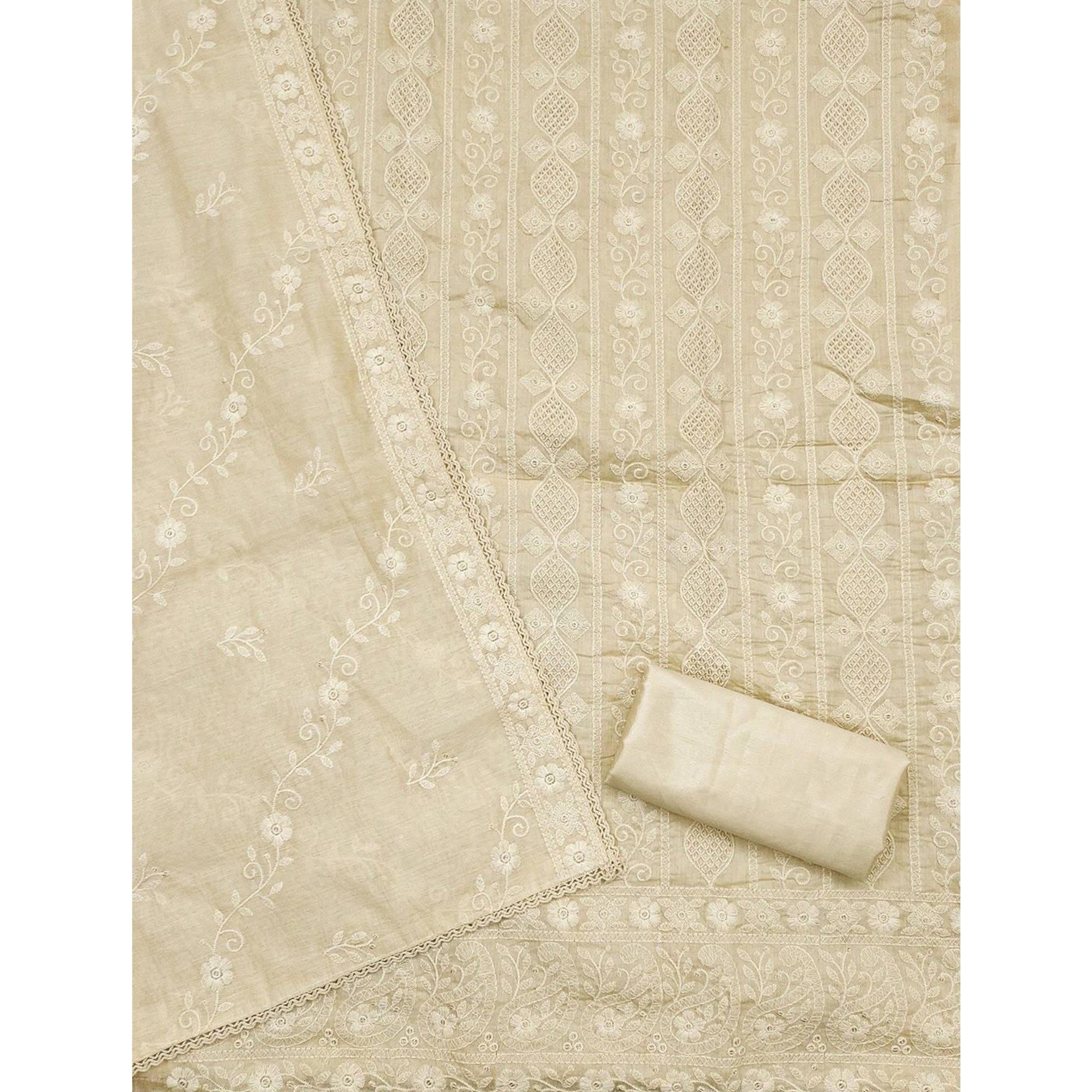 Sophisticated Cream Chanderi Silk Dress Material Highlighted with Classic Lucknowi Work