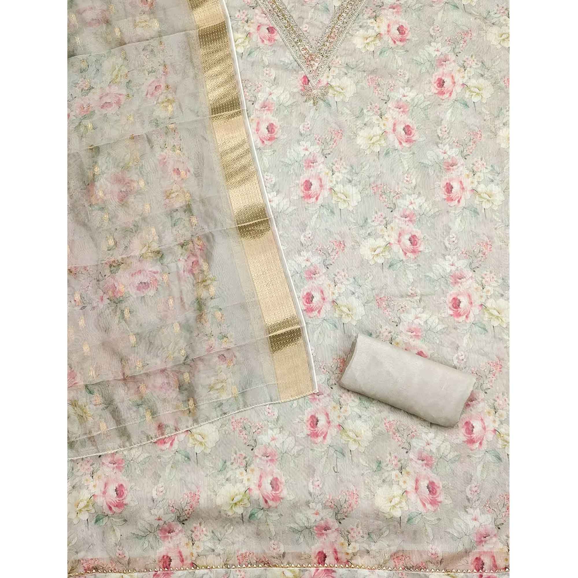 Charming Grey Floral Digital Printed Chanderi Silk Dress Material Adorned With Moti Khatli Work