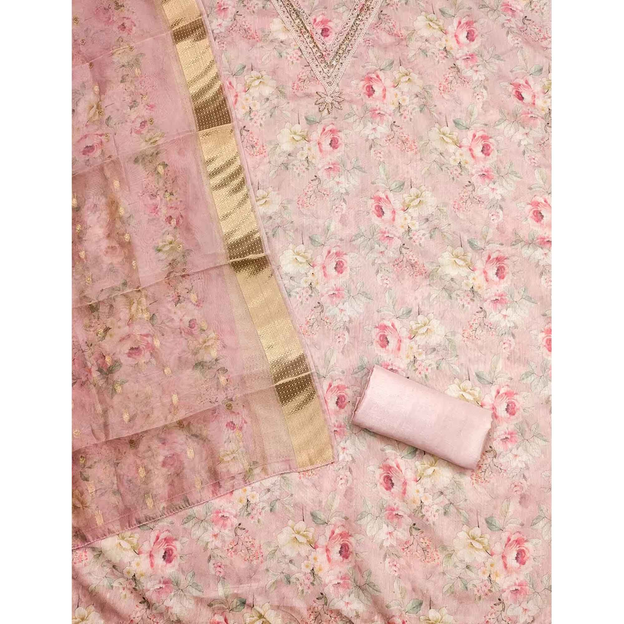 Charming Pink Floral Digital Printed Chanderi Silk Dress Material Adorned With Moti Khatli Work