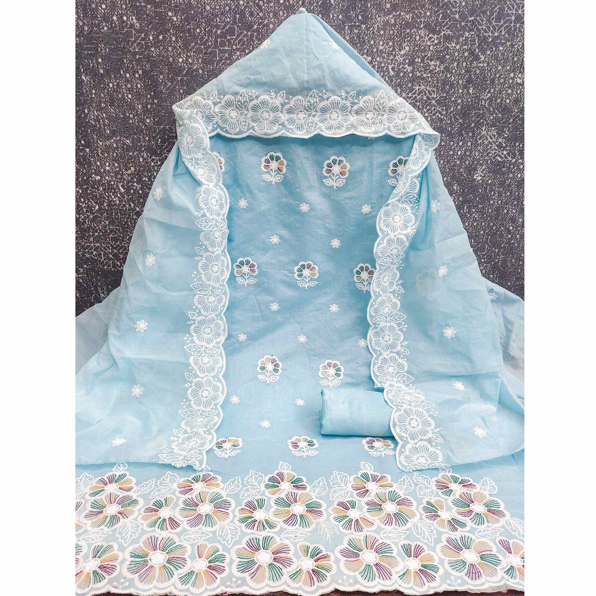 Elegant Sky Blue Floral Thread Embroidered Chanderi Silk Dress Material