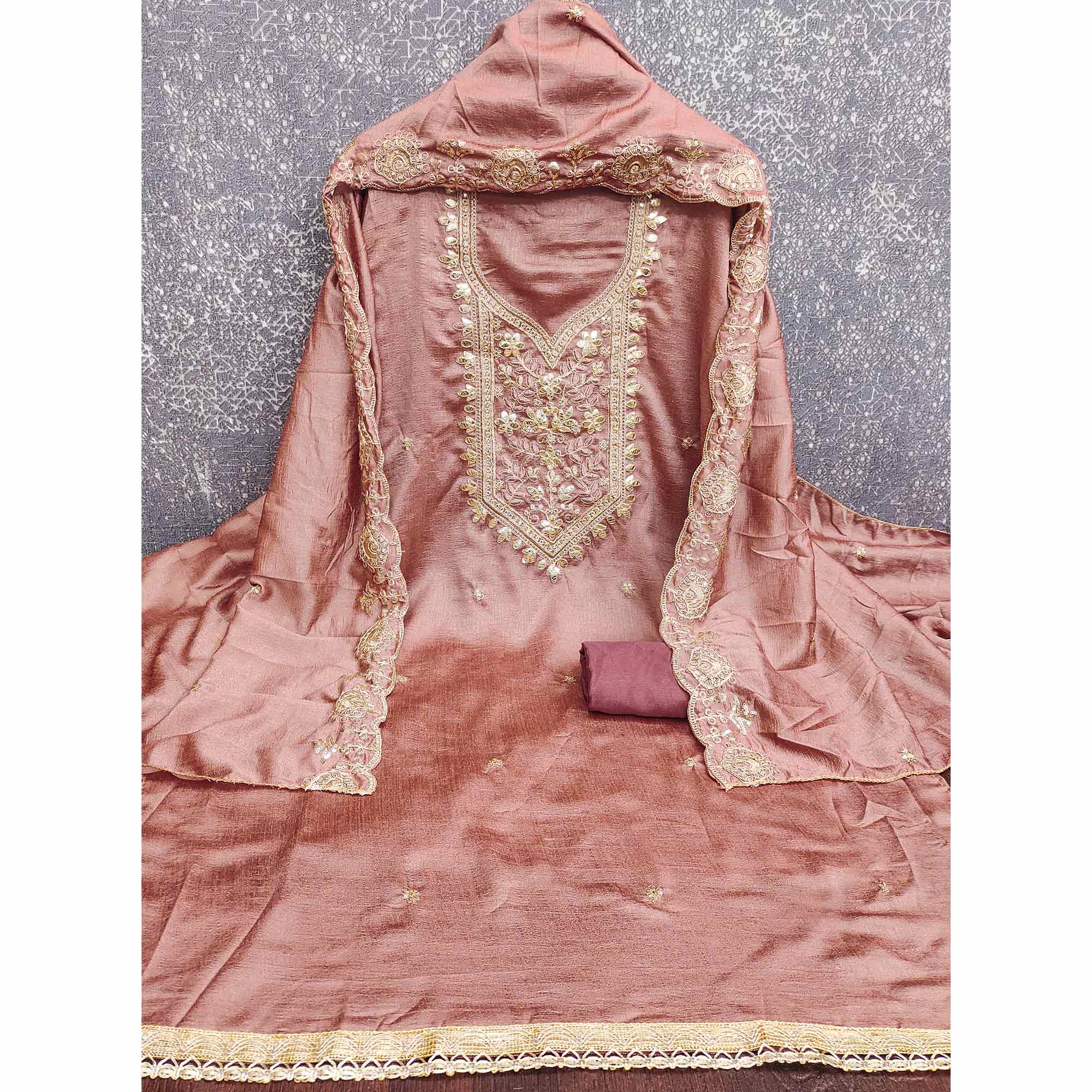 Timeless Dusty Peach Floral Embroidered Vichitra Silk Dress Material With Gota Patti Work