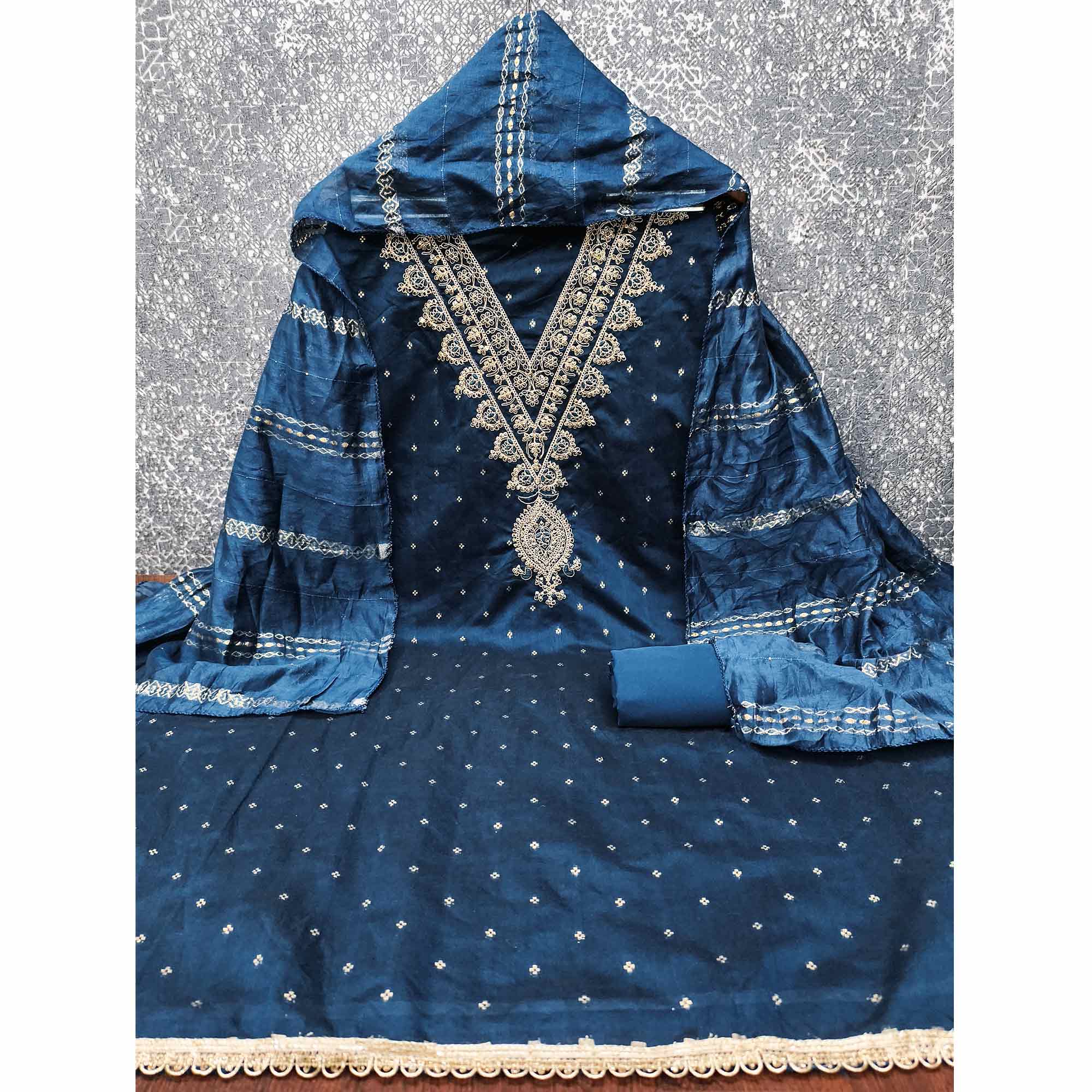 Graceful Blue Butti Motif Chanderi Silk Dress Material Featuring Floral Cording Embroidery Work