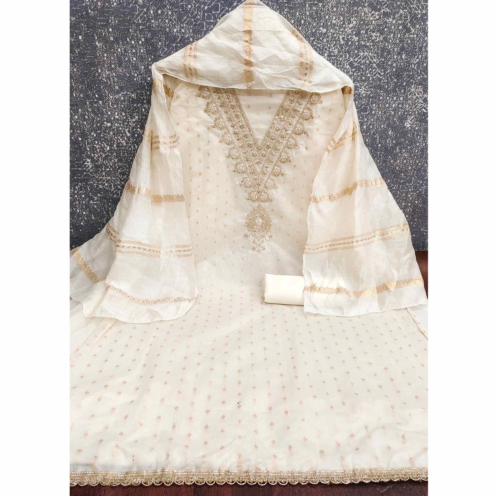Graceful Cream Butti Motif Chanderi Silk Dress Material Featuring Floral Cording Embroidery Work