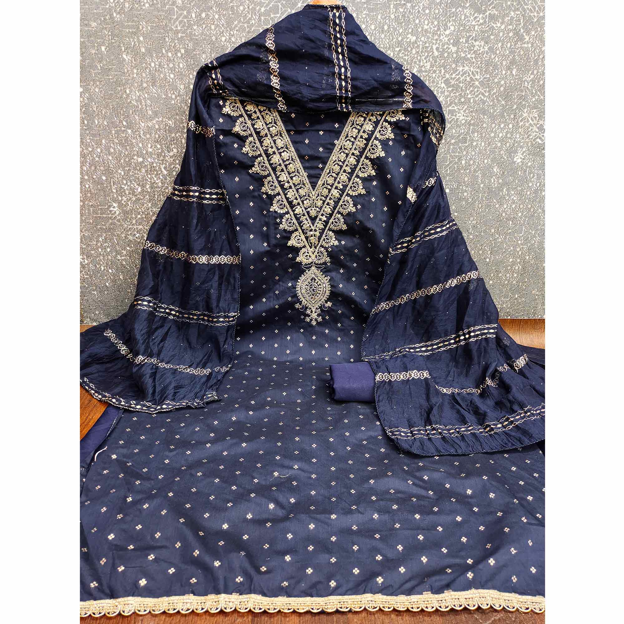 Graceful Navy Blue Butti Motif Chanderi Silk Dress Material Featuring Floral Cording Embroidery Work