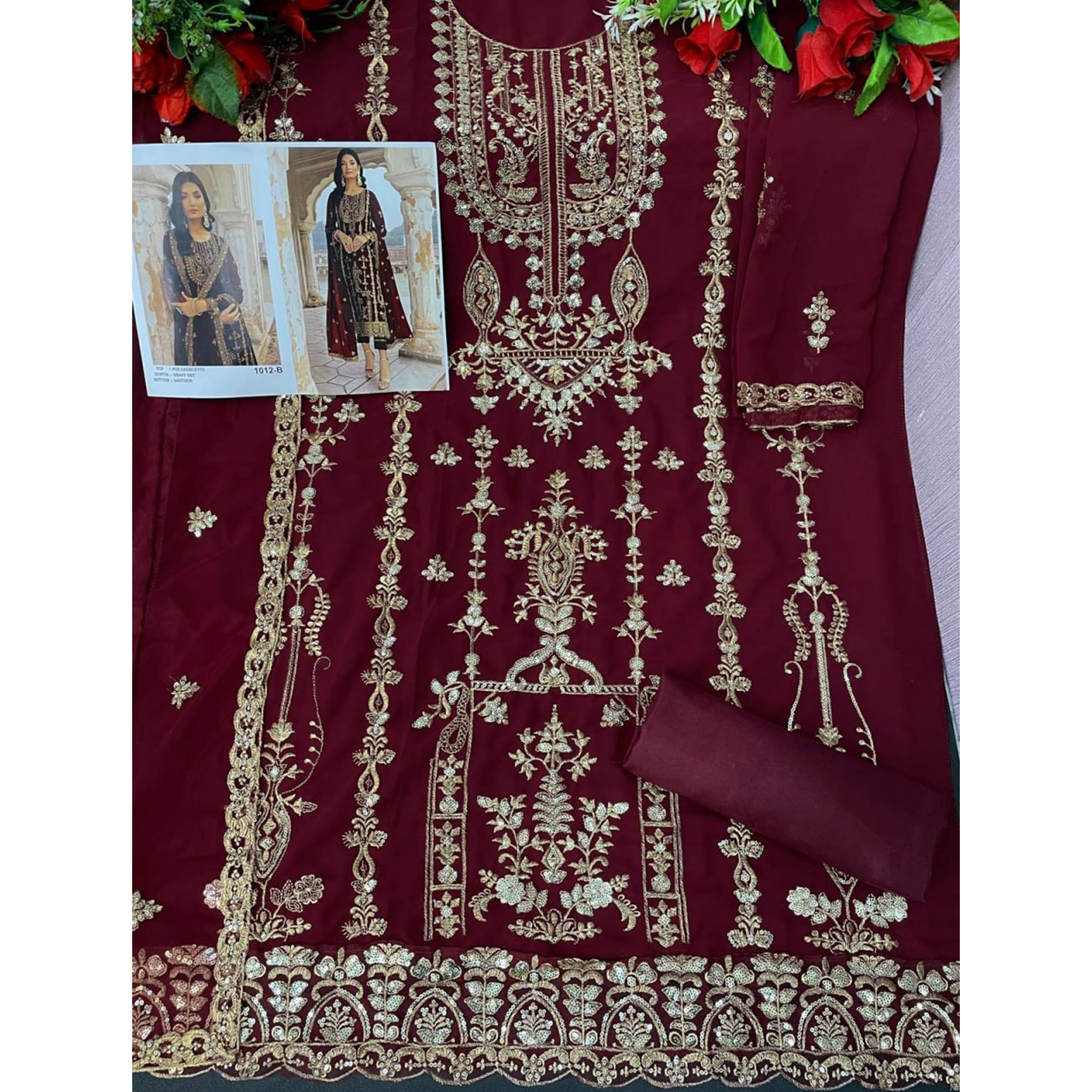 Maroon Floral Sequins Embroidered Georgette Semi Stitched  Suit