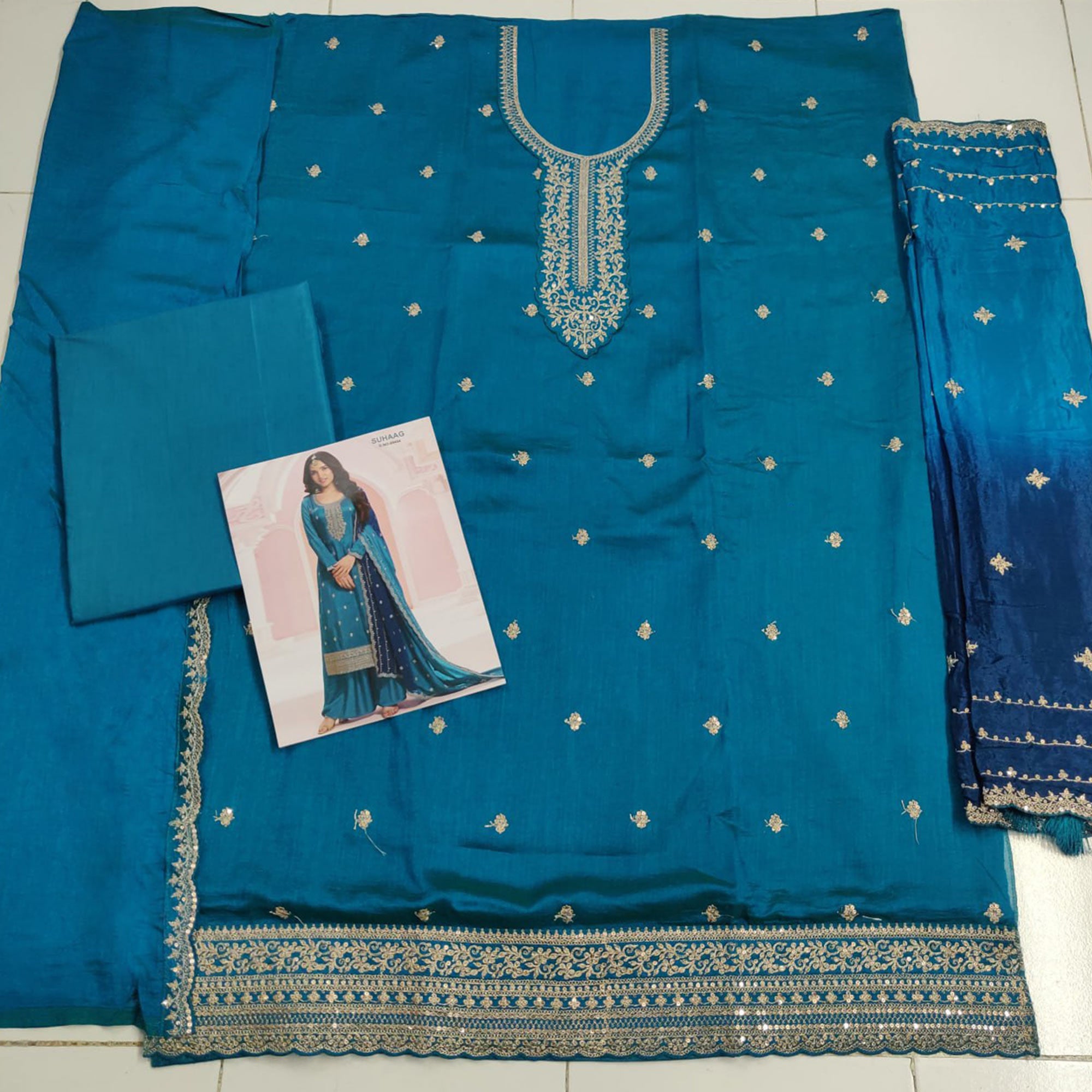 Blue Sequins Embroidered Butti Vichitra Silk Semi Stitched Salwar Suit