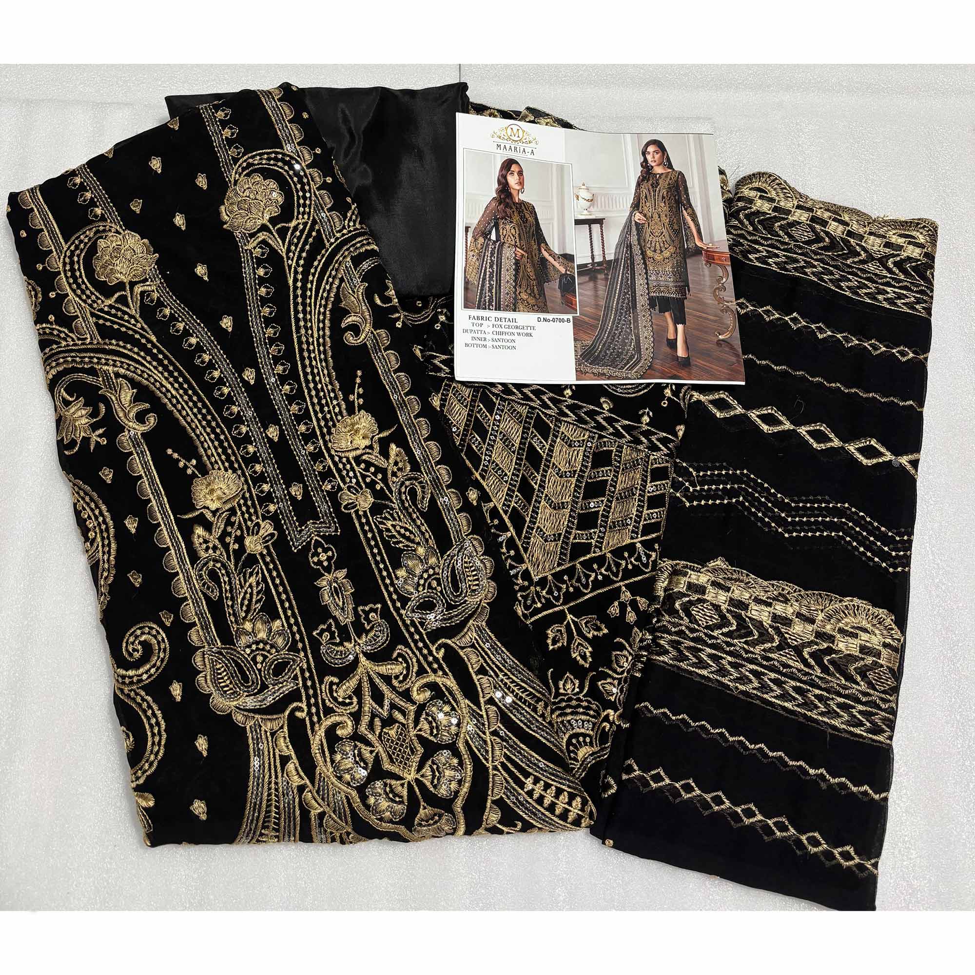 Black Georgette Semi Stitched Suit With Floral Goldern Yellow Embroidery & Zarkan Work