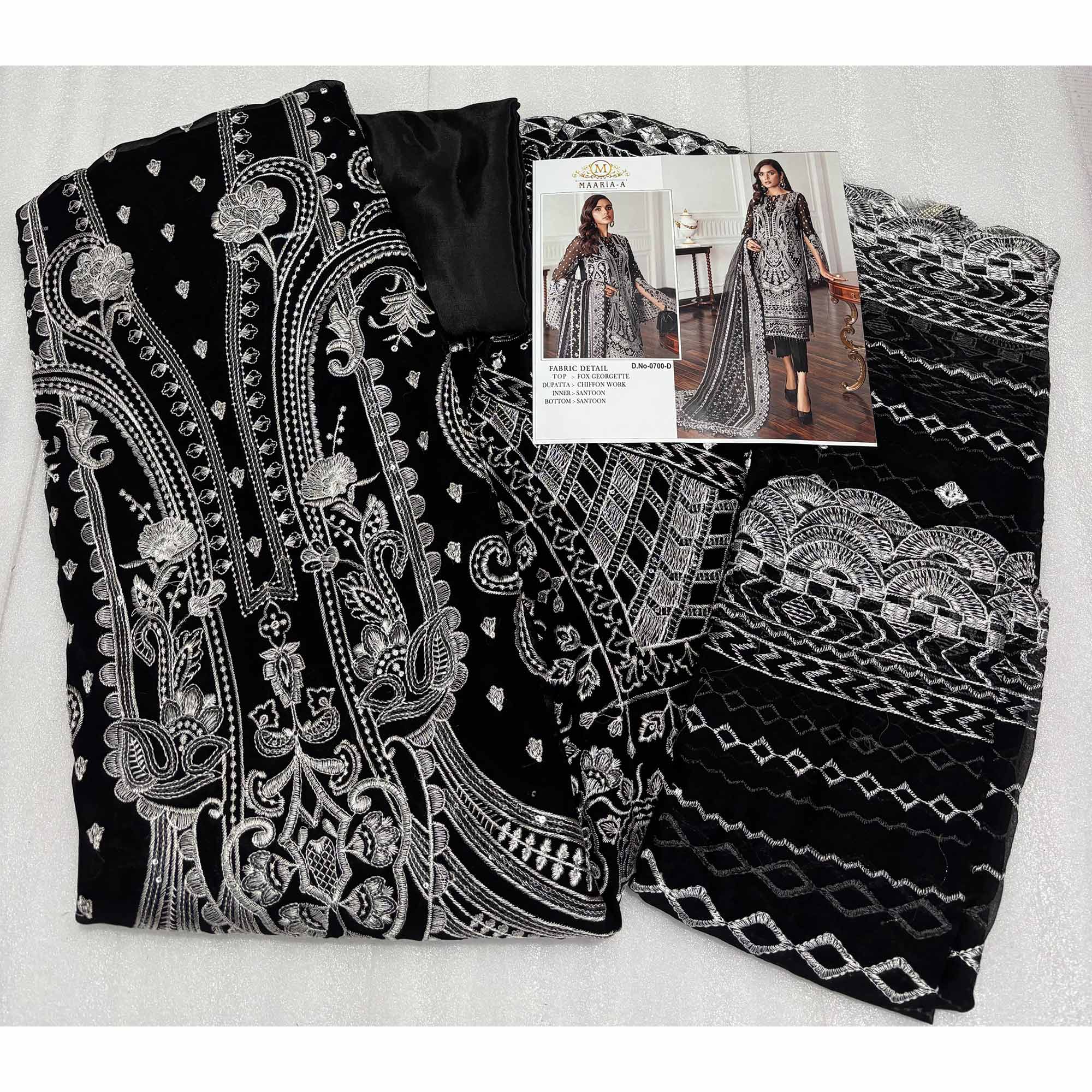 Black Georgette Semi Stitched Suit With Floral White Embroidery & Zarkan Work