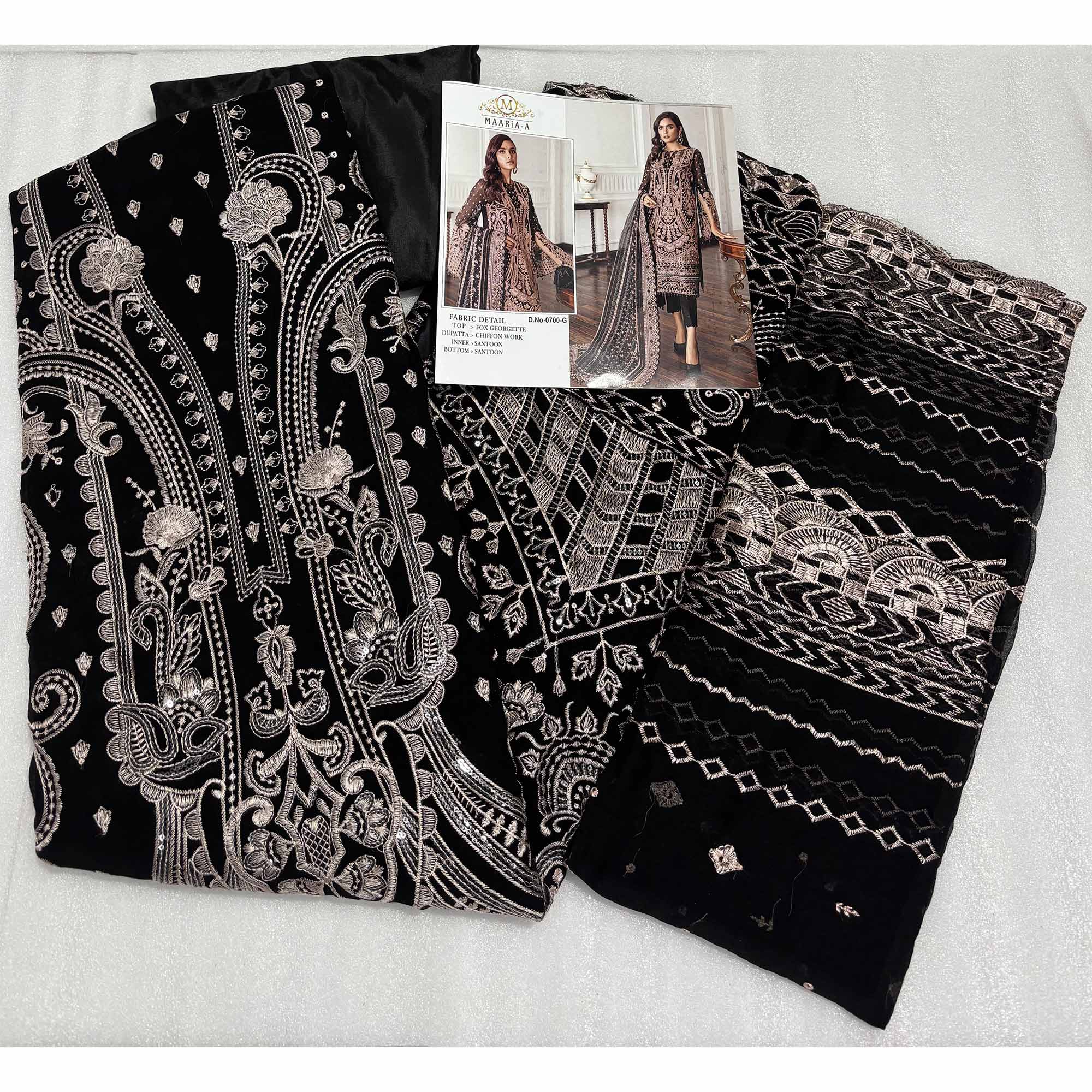 Black Georgette Semi Stitched Suit With Floral Peach Embroidery & Zarkan Work