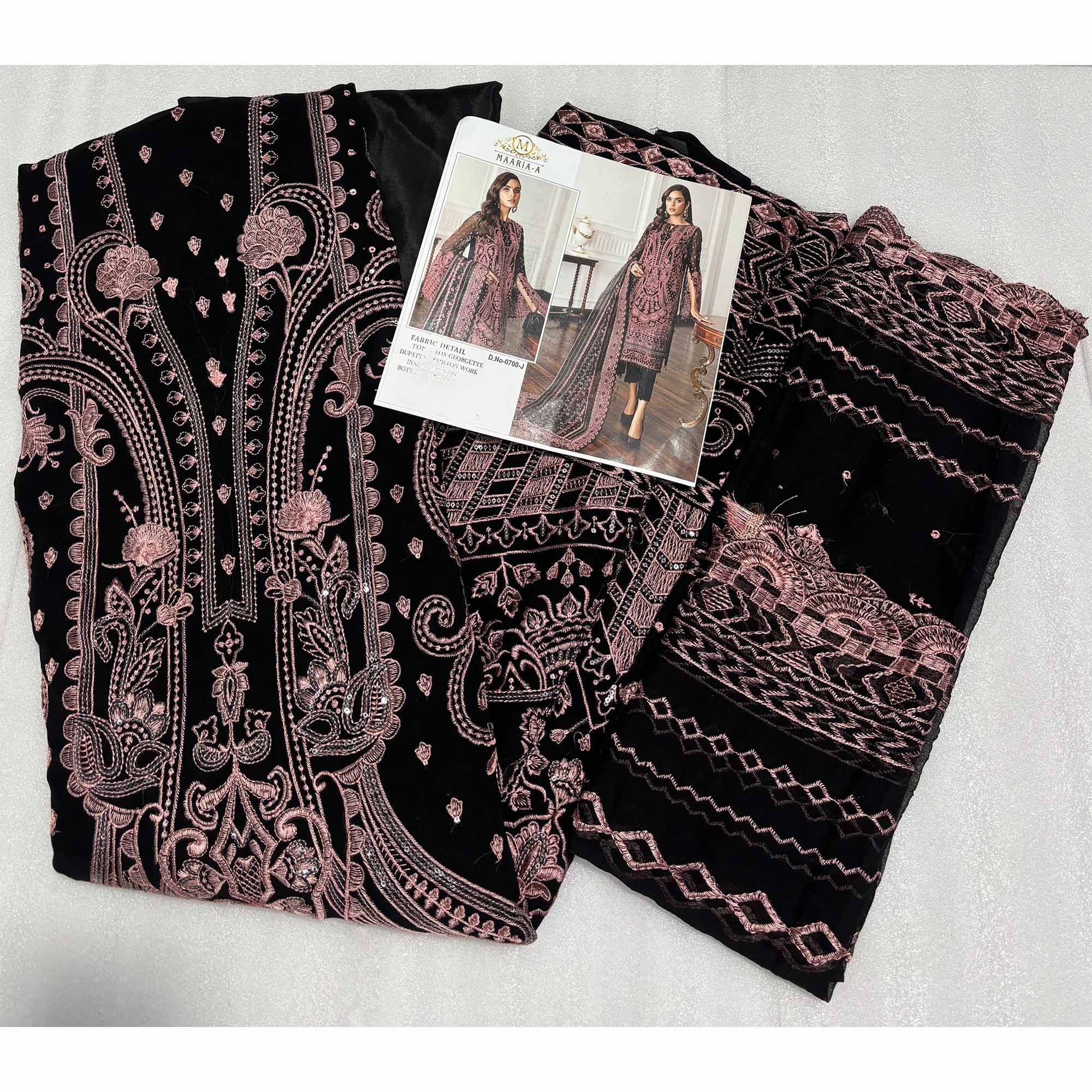 Black Georgette Semi Stitched Suit With Floral Pink Embroidery & Zarkan Work