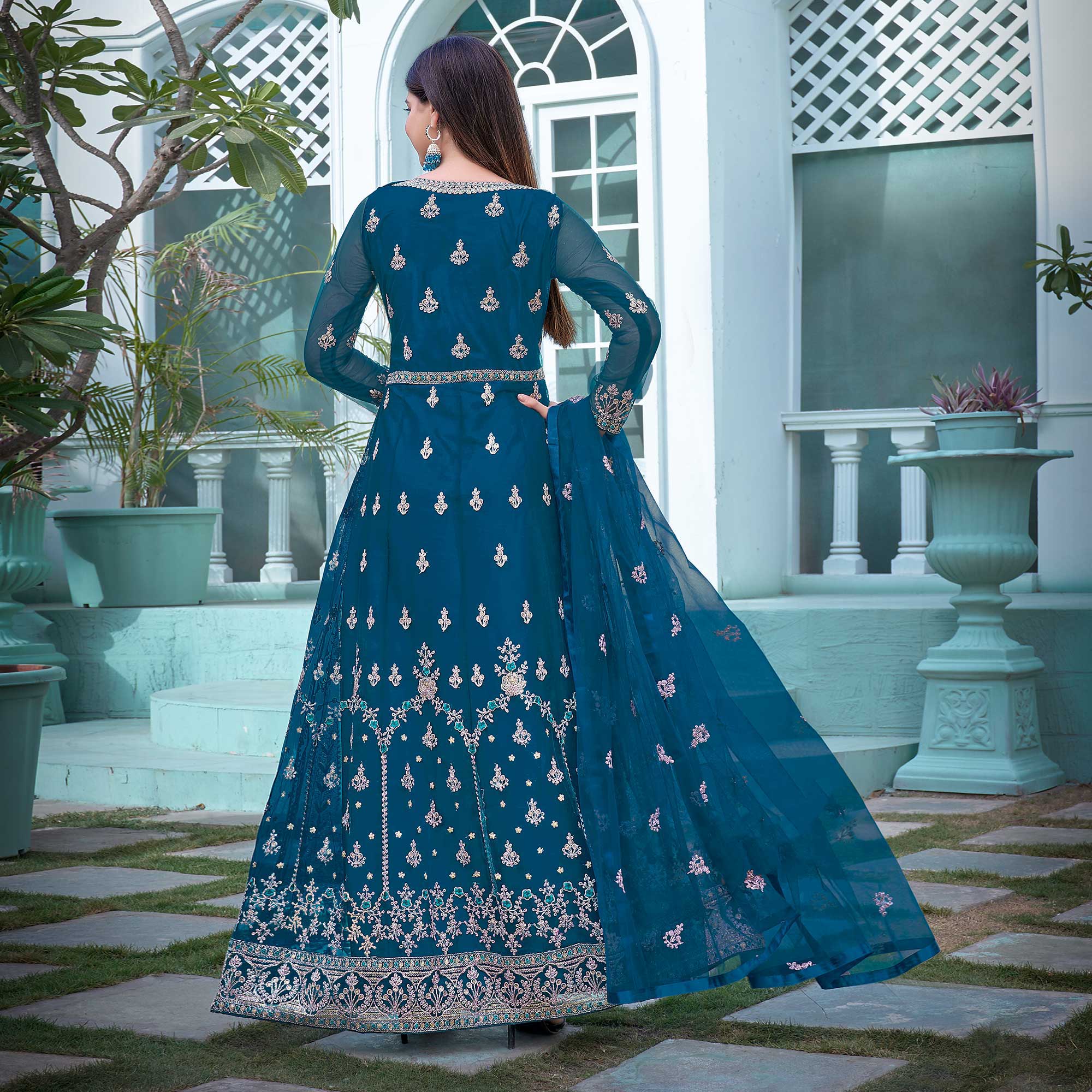 Blue Floral Embroidered Net Semi Stitched Anarkali Suit