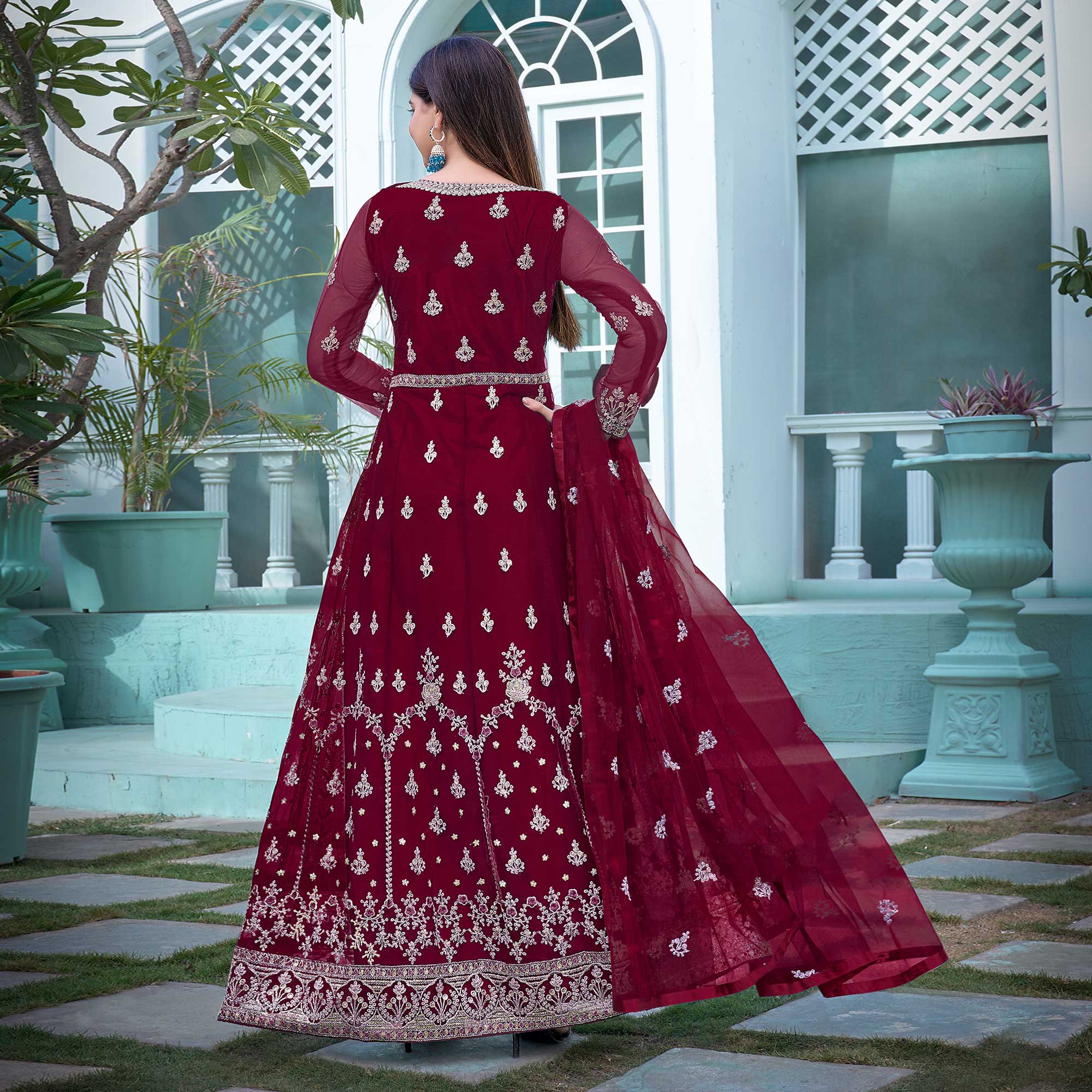 Maroon Floral Embroidered Net Semi Stitched Anarkali Suit