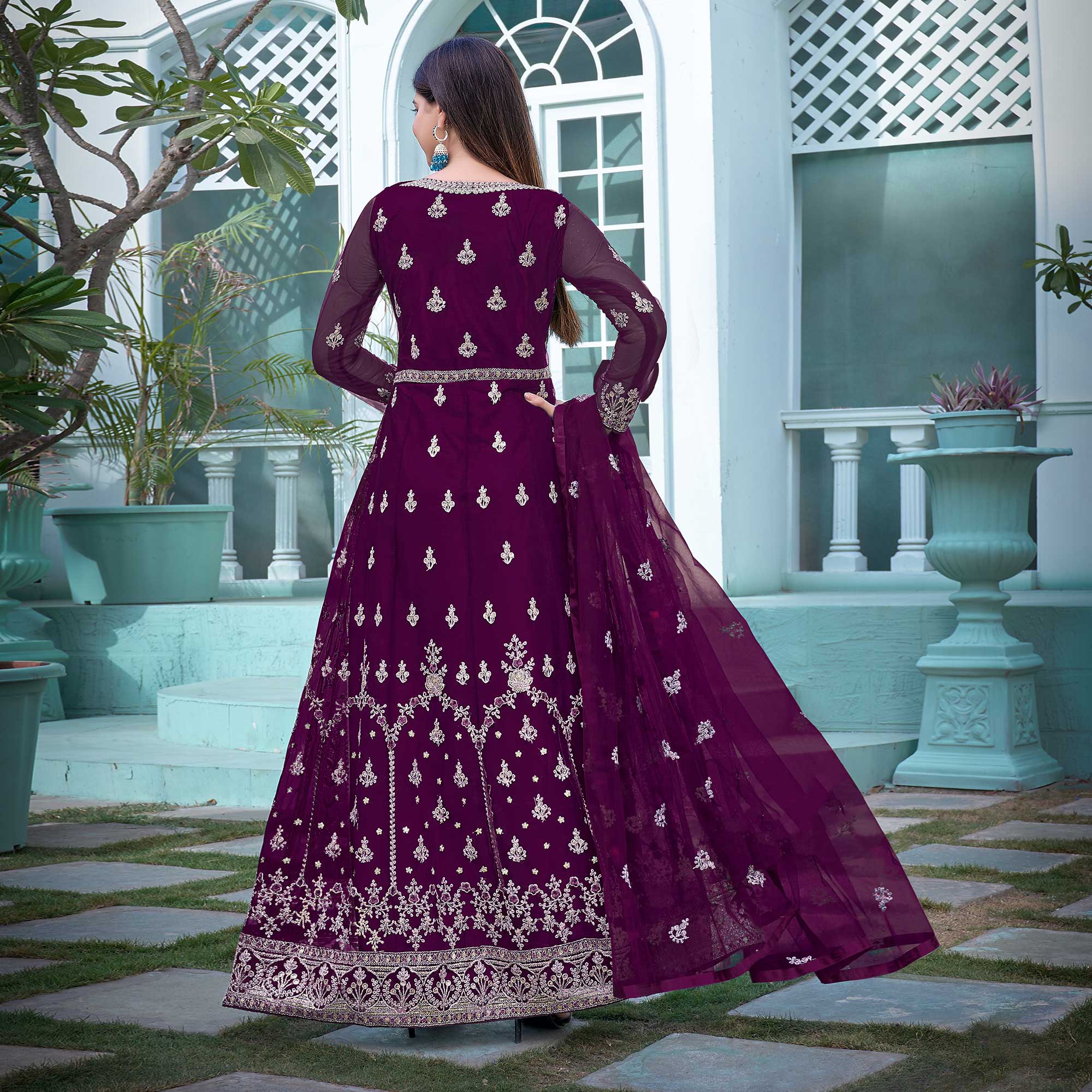 Purple Floral Embroidered Net Semi Stitched Anarkali Suit