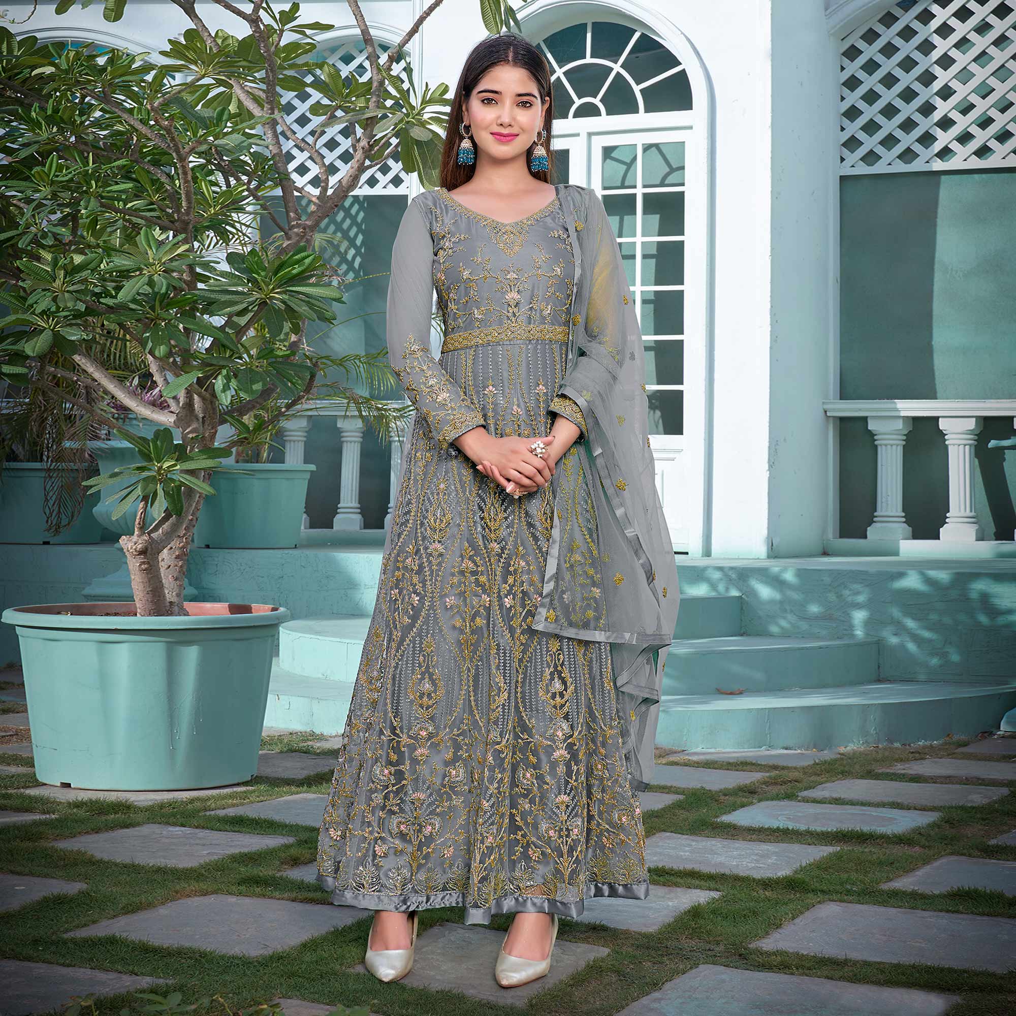 Grey Floral Sequins Embroidered Net Semi Stitched Anarkali Suit