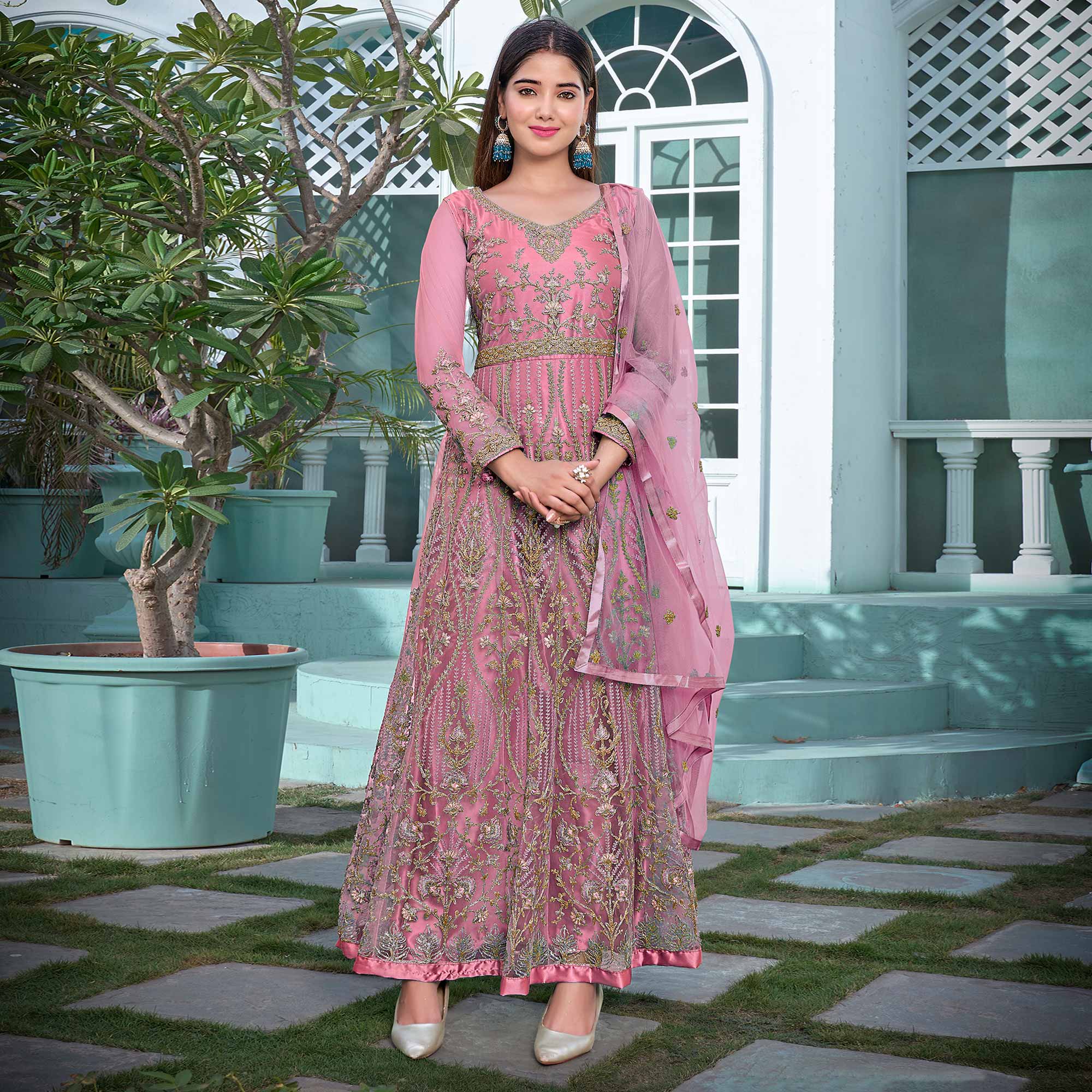 Pink Floral Sequins Embroidered Net Semi Stitched Anarkali Suit