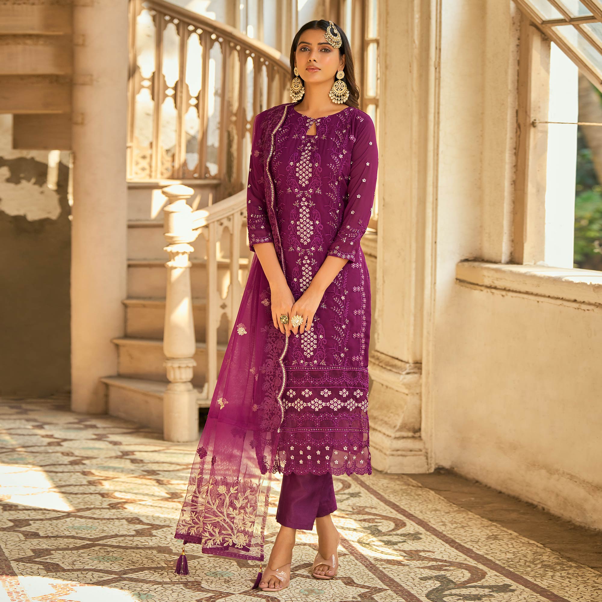 Purple Sequins Embroidered Georgette Semi Stitched Suit