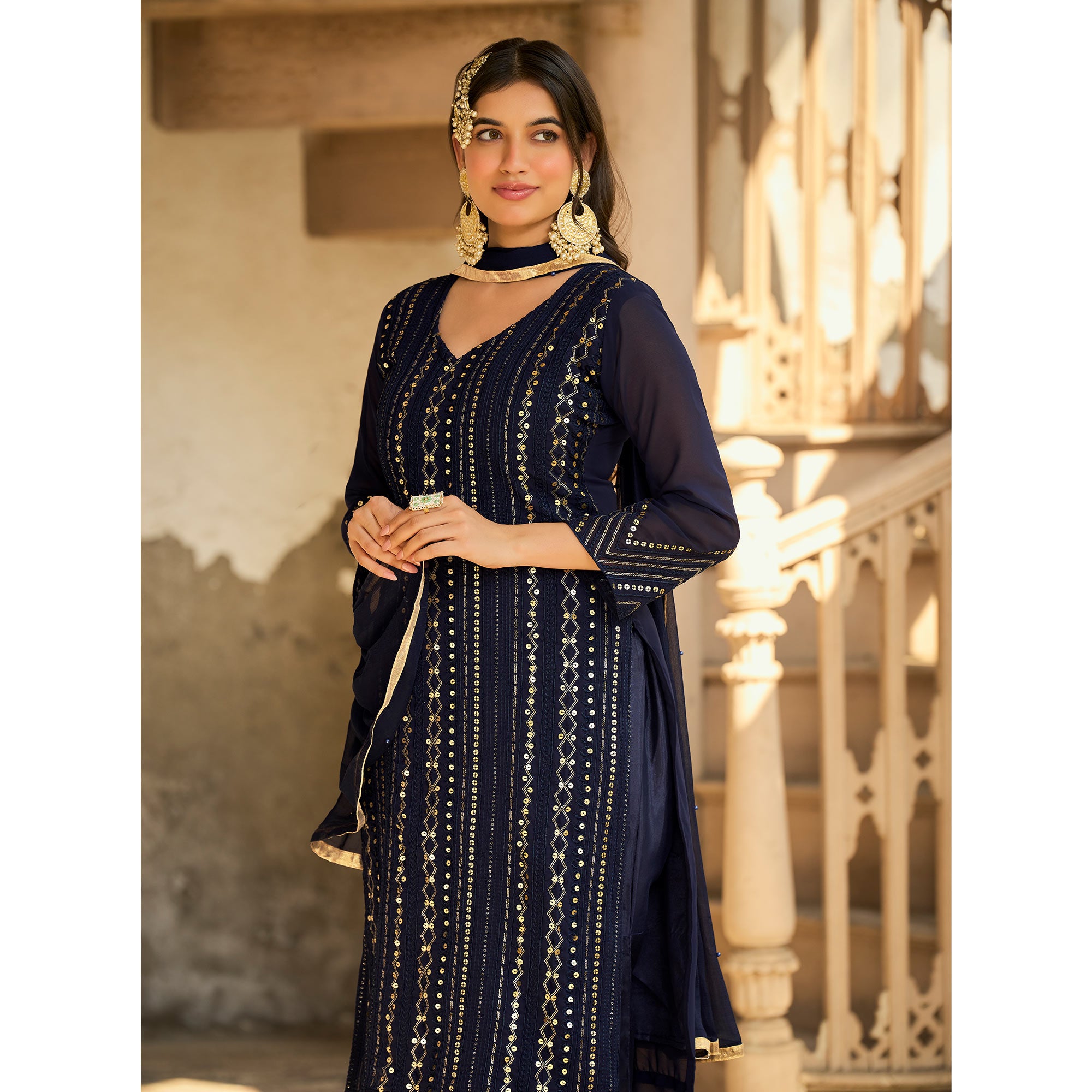 Navy Blue Sequins Embroidered Georgette Semi Stitched Suit