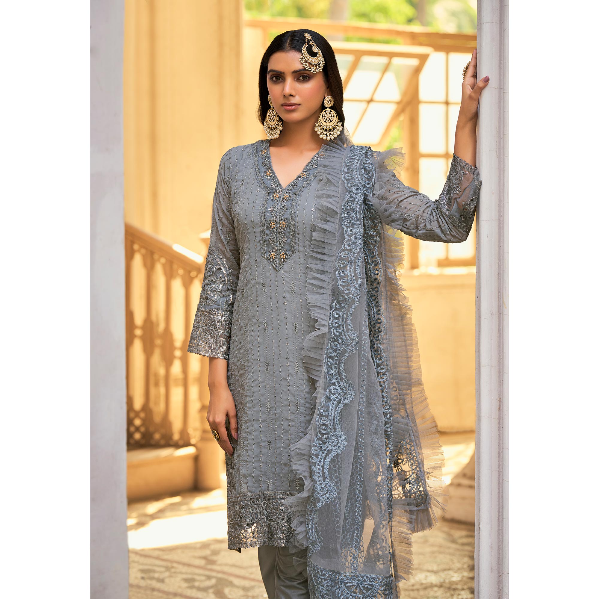 Grey Sequins Embroidered Georgette Semi Stitched Suit