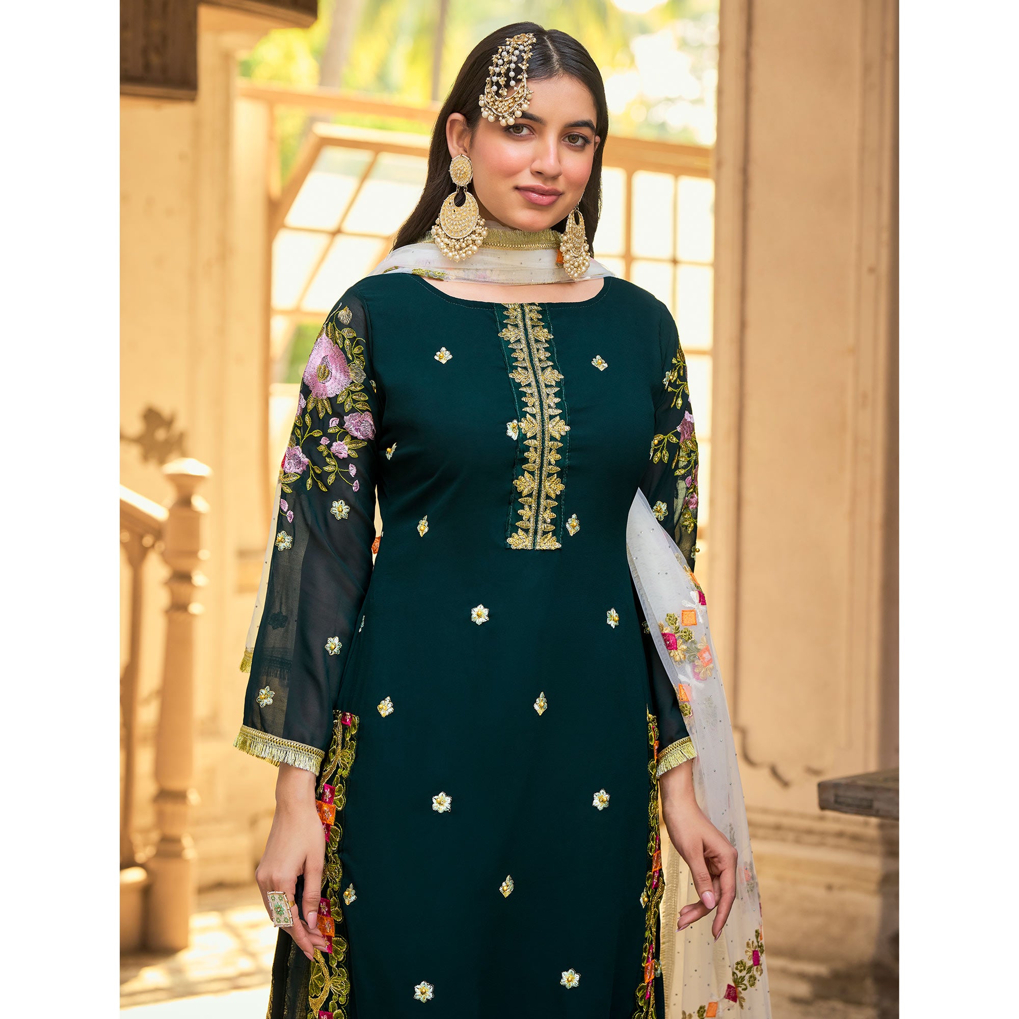 Teal Green Sequins Embroidered Georgette Semi Stitched Suit