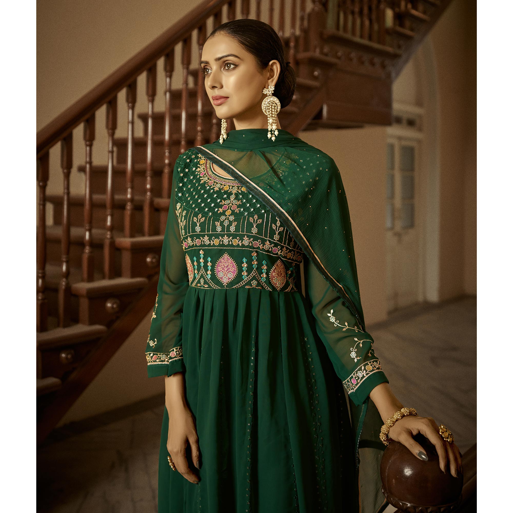 Green Floral Sequins Embroidered Georgette Semi Stitched Anarkali Suit