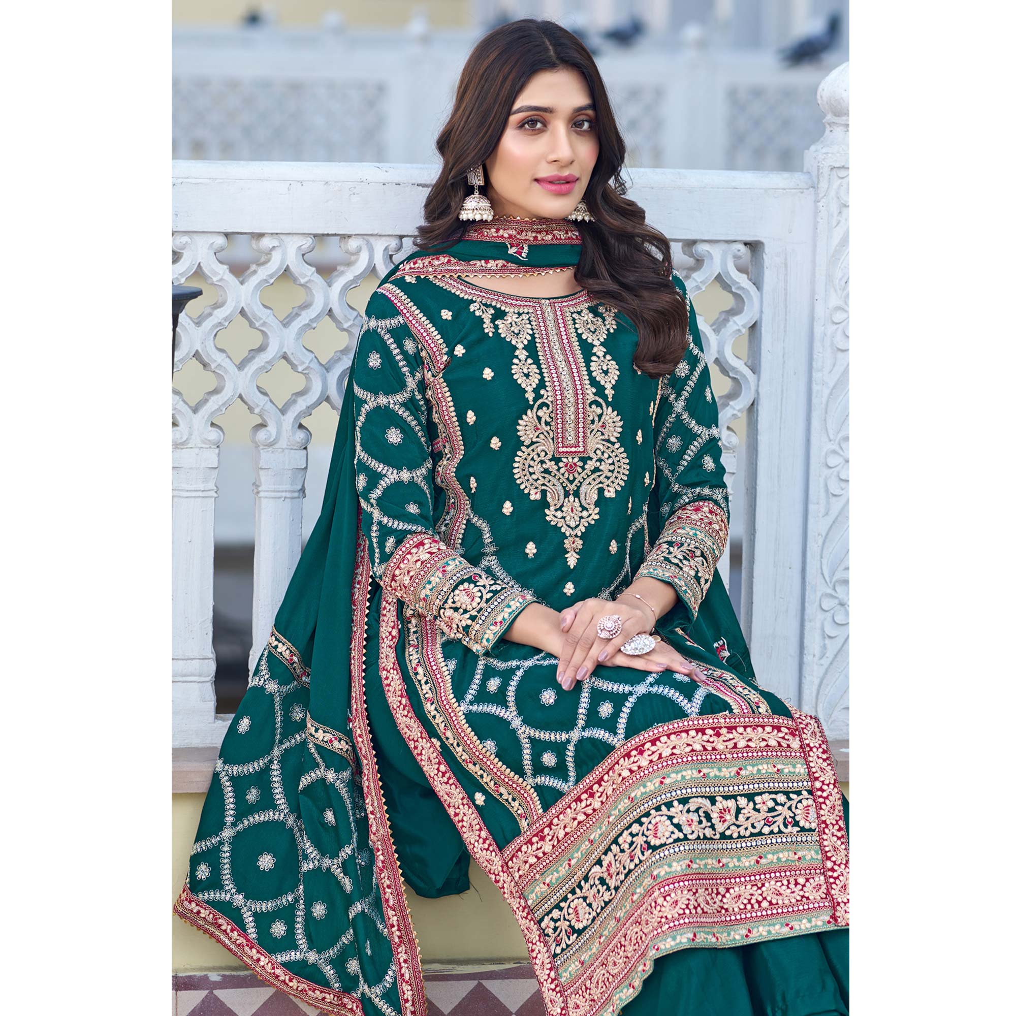 Teal Floral Embroidered Chinon Silk Semi Stitched Suit
