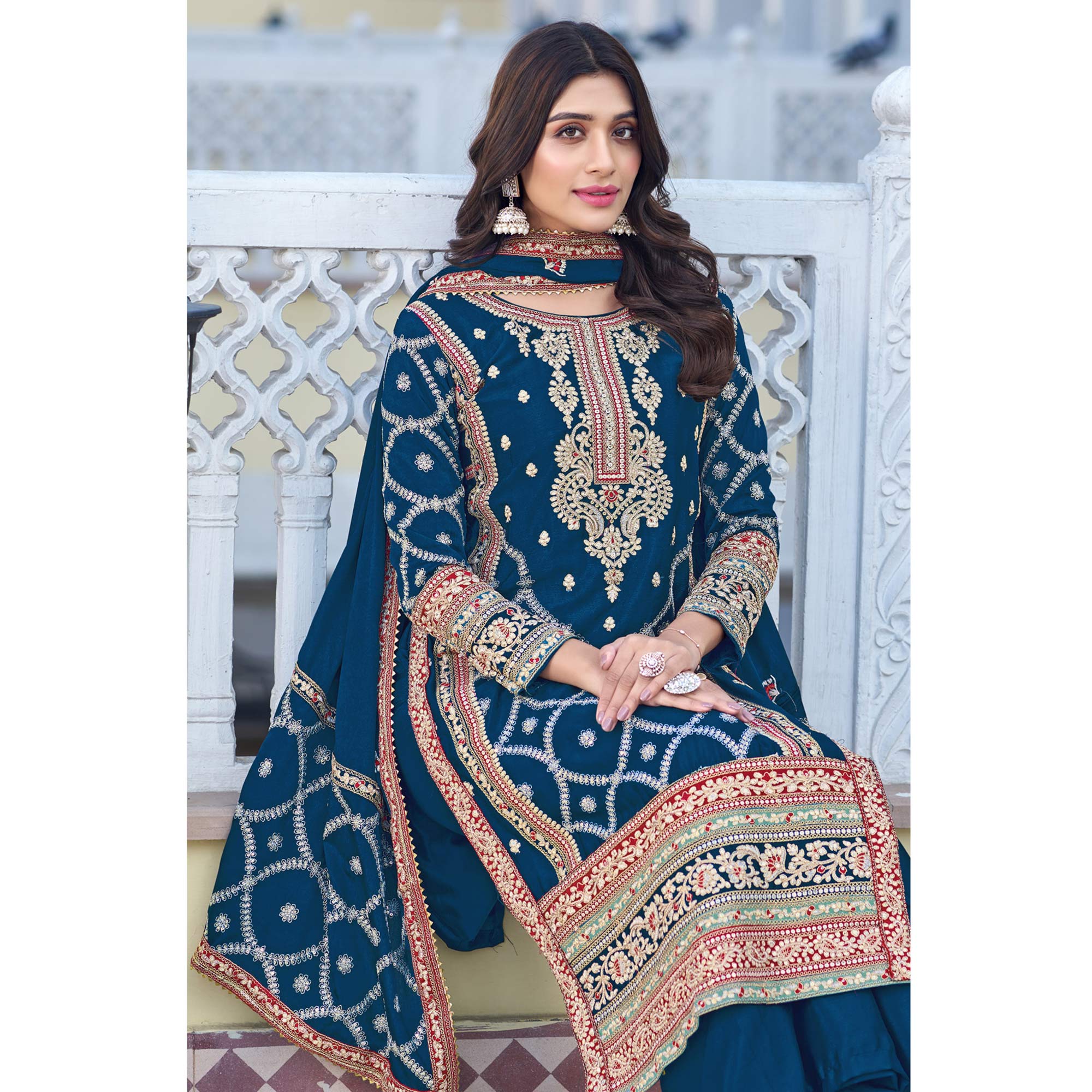 Blue Floral Embroidered Chinon Silk Semi Stitched Suit