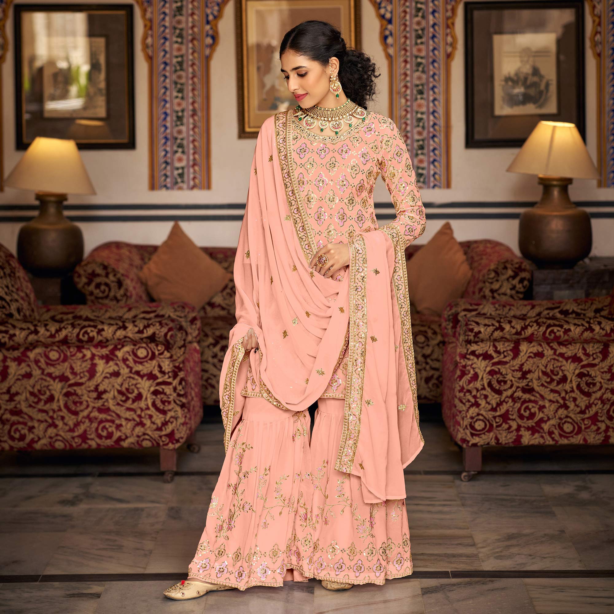 Peach Sequins Embroidered Georgette Semi Stitched Suit