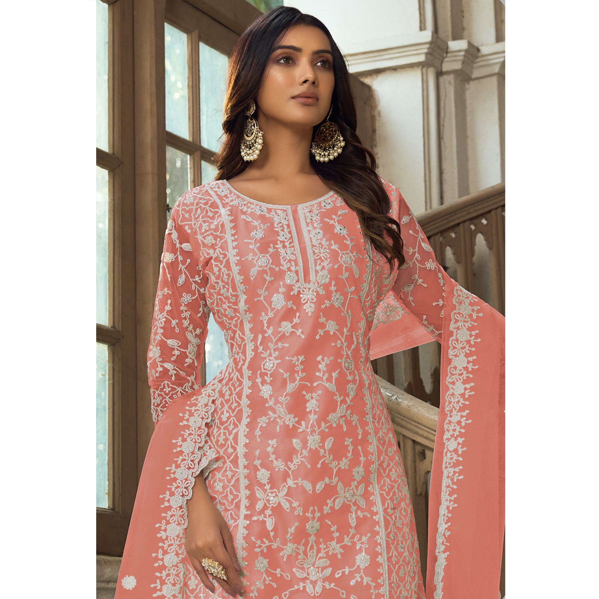 Peach Floral Embroidered Net Semi Stitched Suit