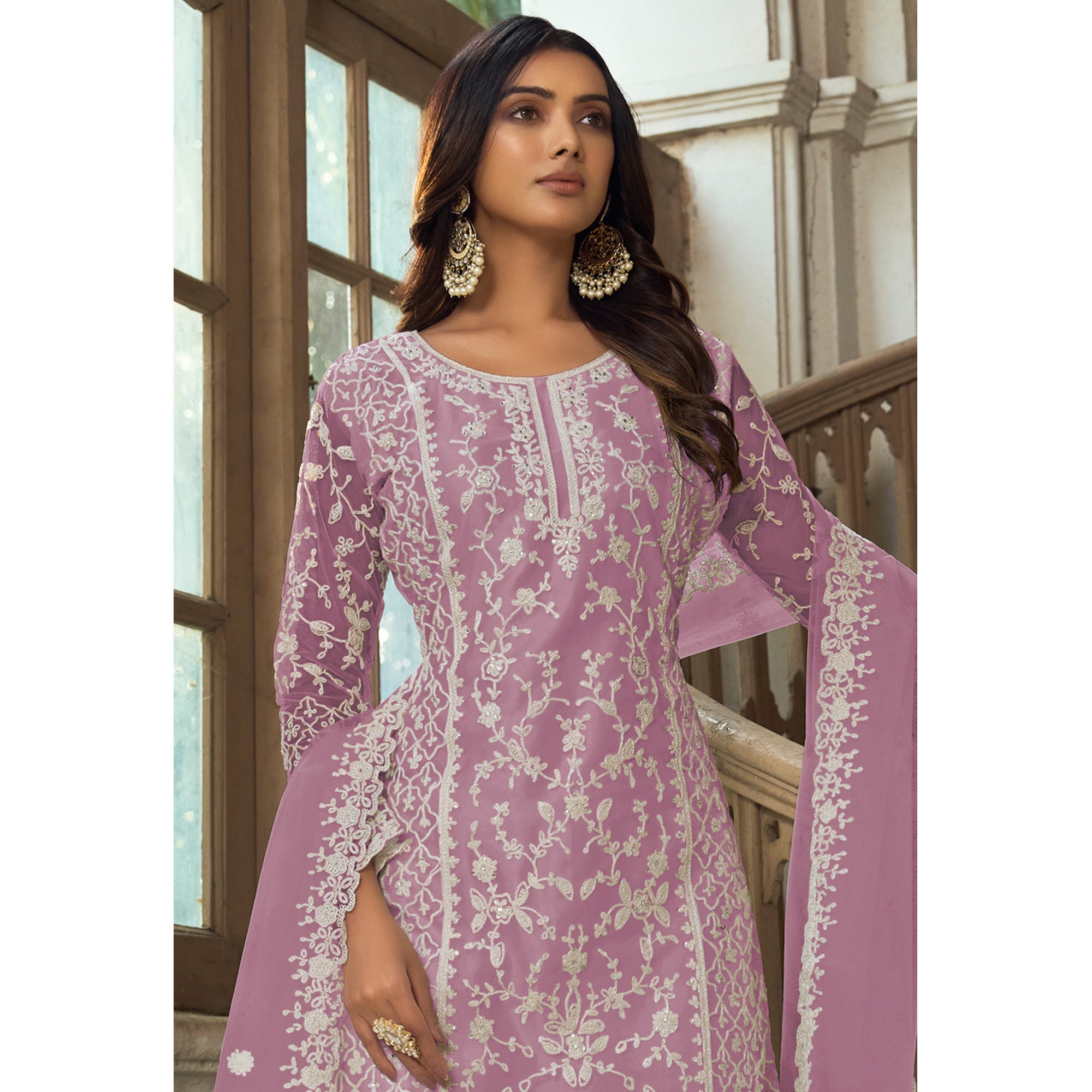 Mauve Floral Embroidered Net Semi Stitched Suit