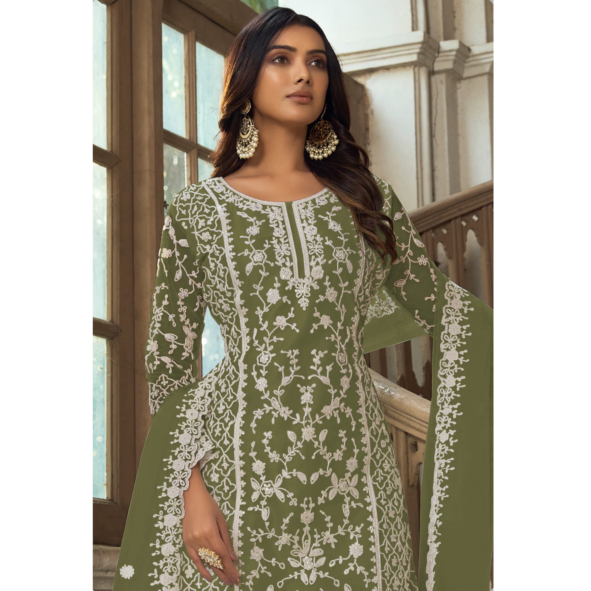 Green Floral Embroidered Net Semi Stitched Suit