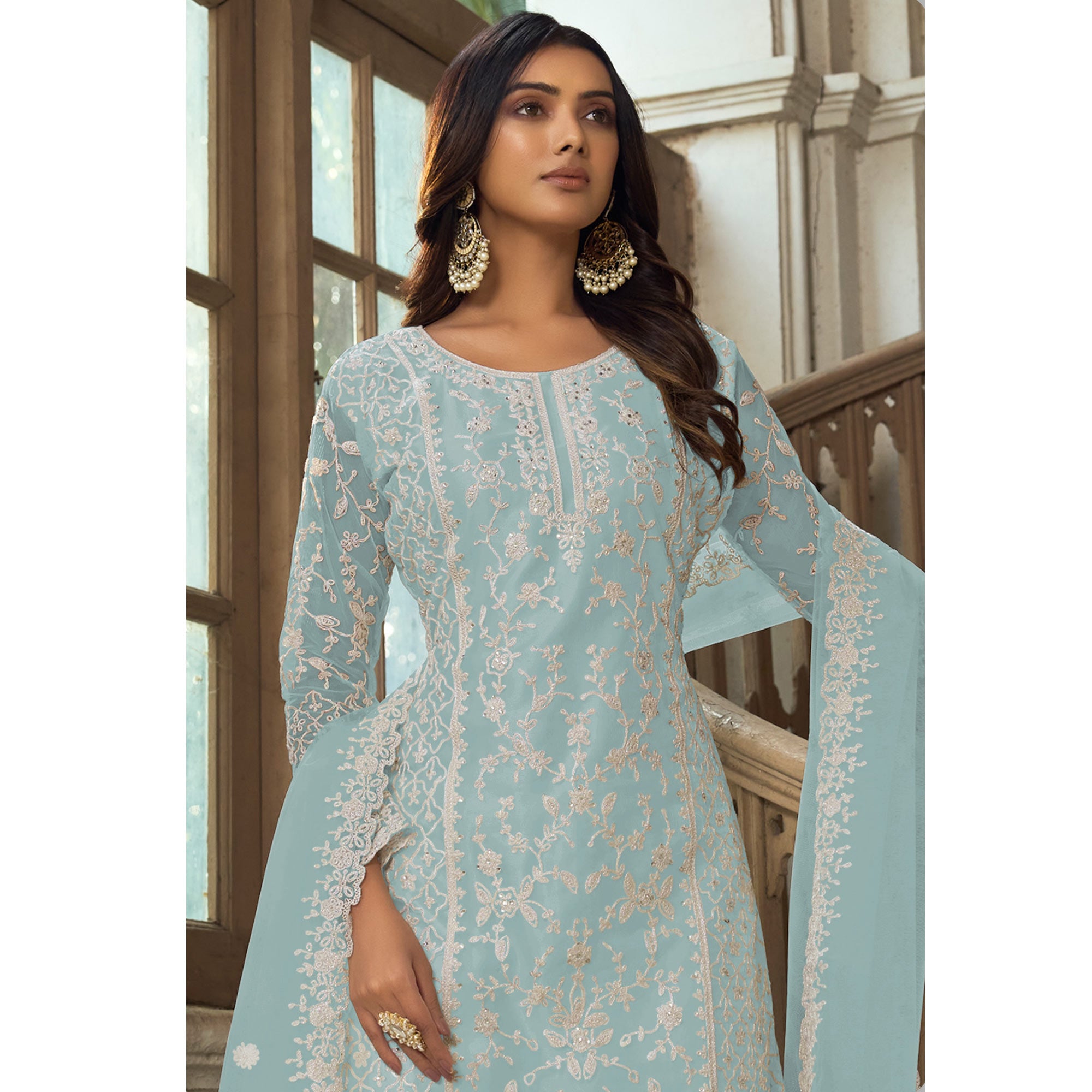 Sky Blue Floral Embroidered Net Semi Stitched Suit