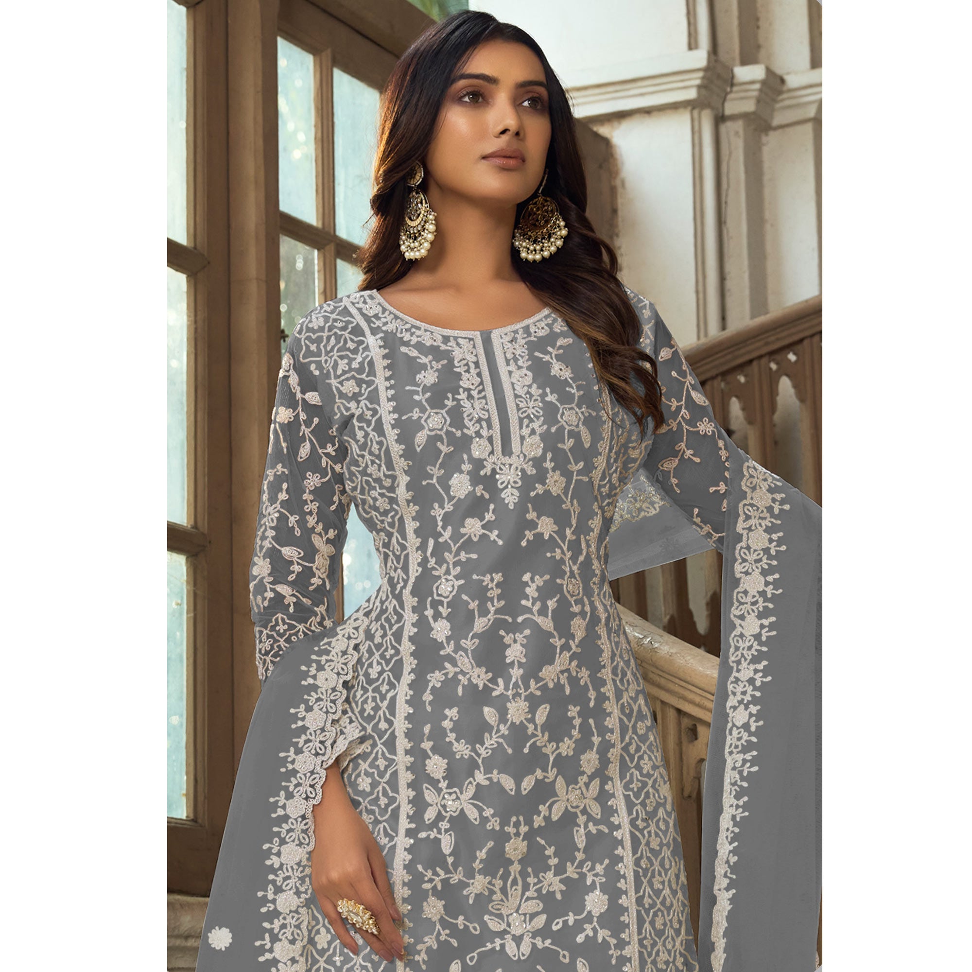 Grey Floral Embroidered Net Semi Stitched Suit