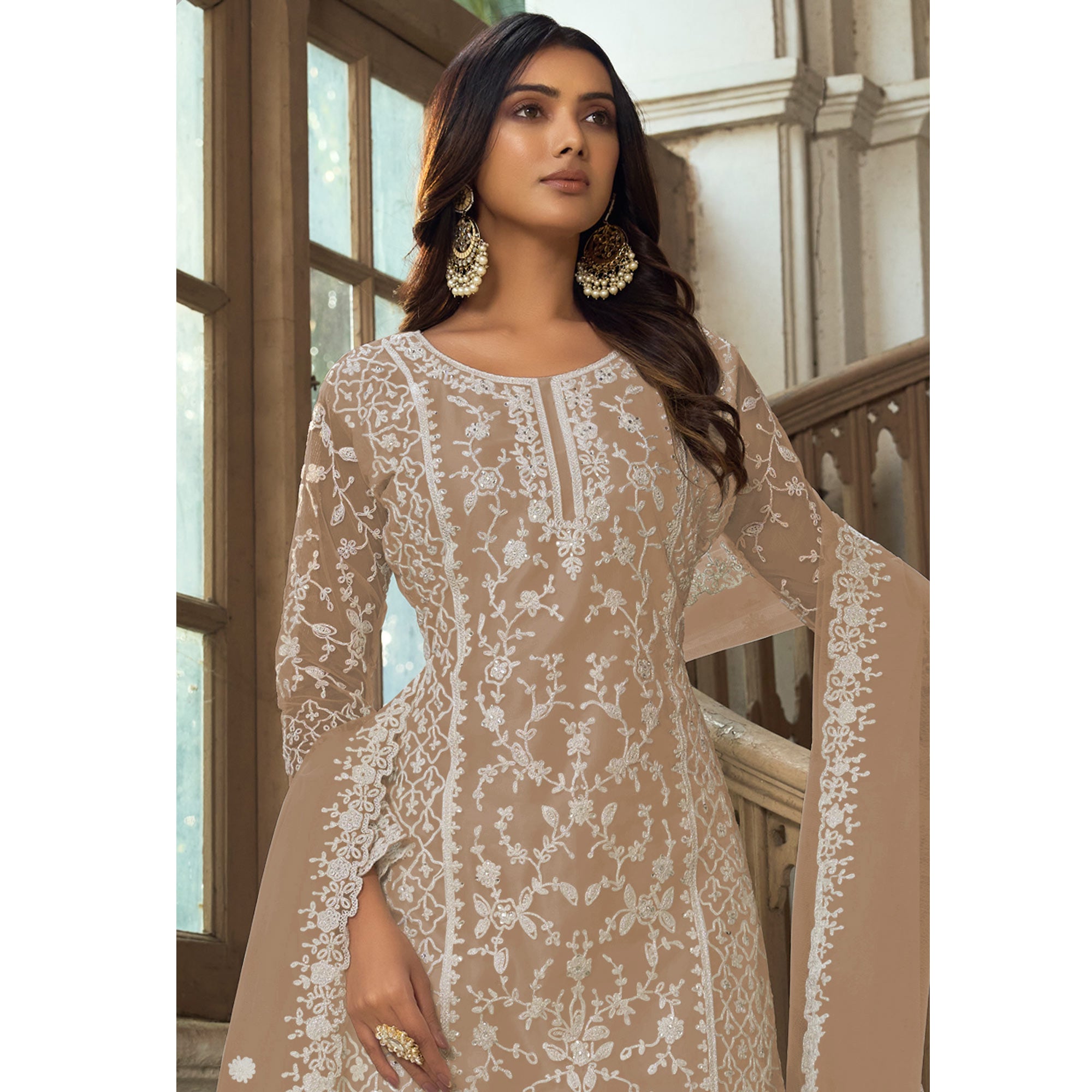 Brown Floral Embroidered Net Semi Stitched Suit