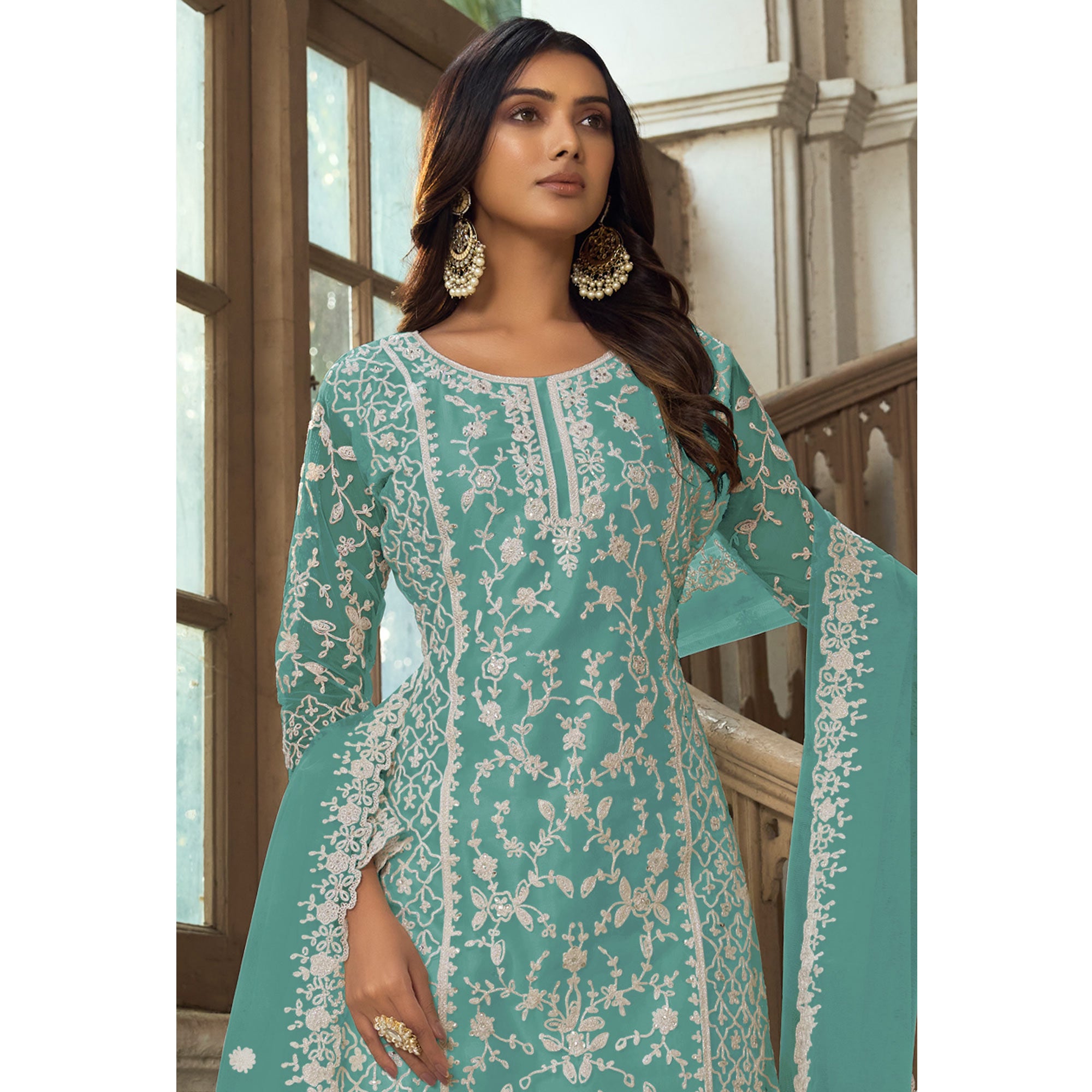 Turquoise Floral Embroidered Net Semi Stitched Suit