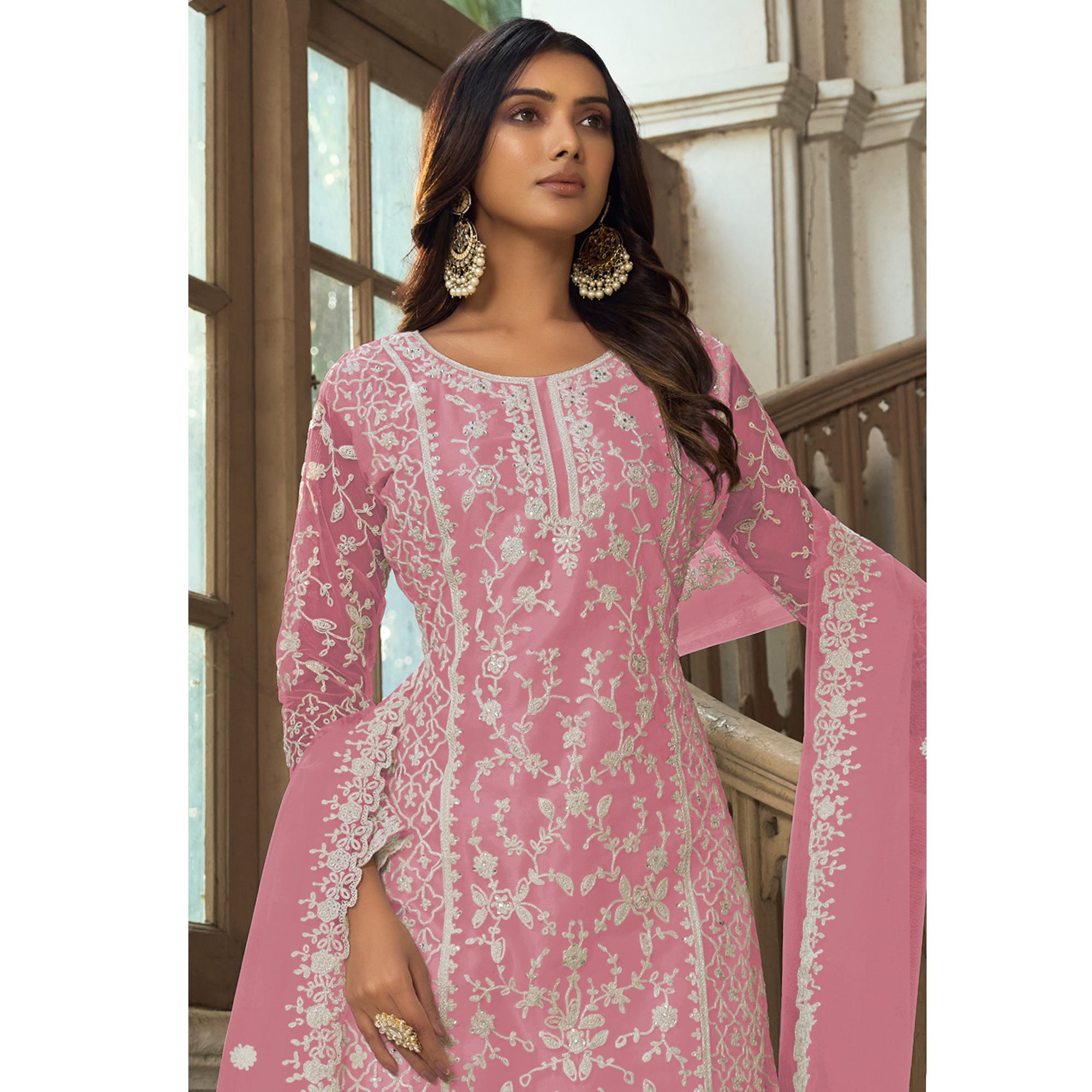 Pink Floral Embroidered Net Semi Stitched Suit