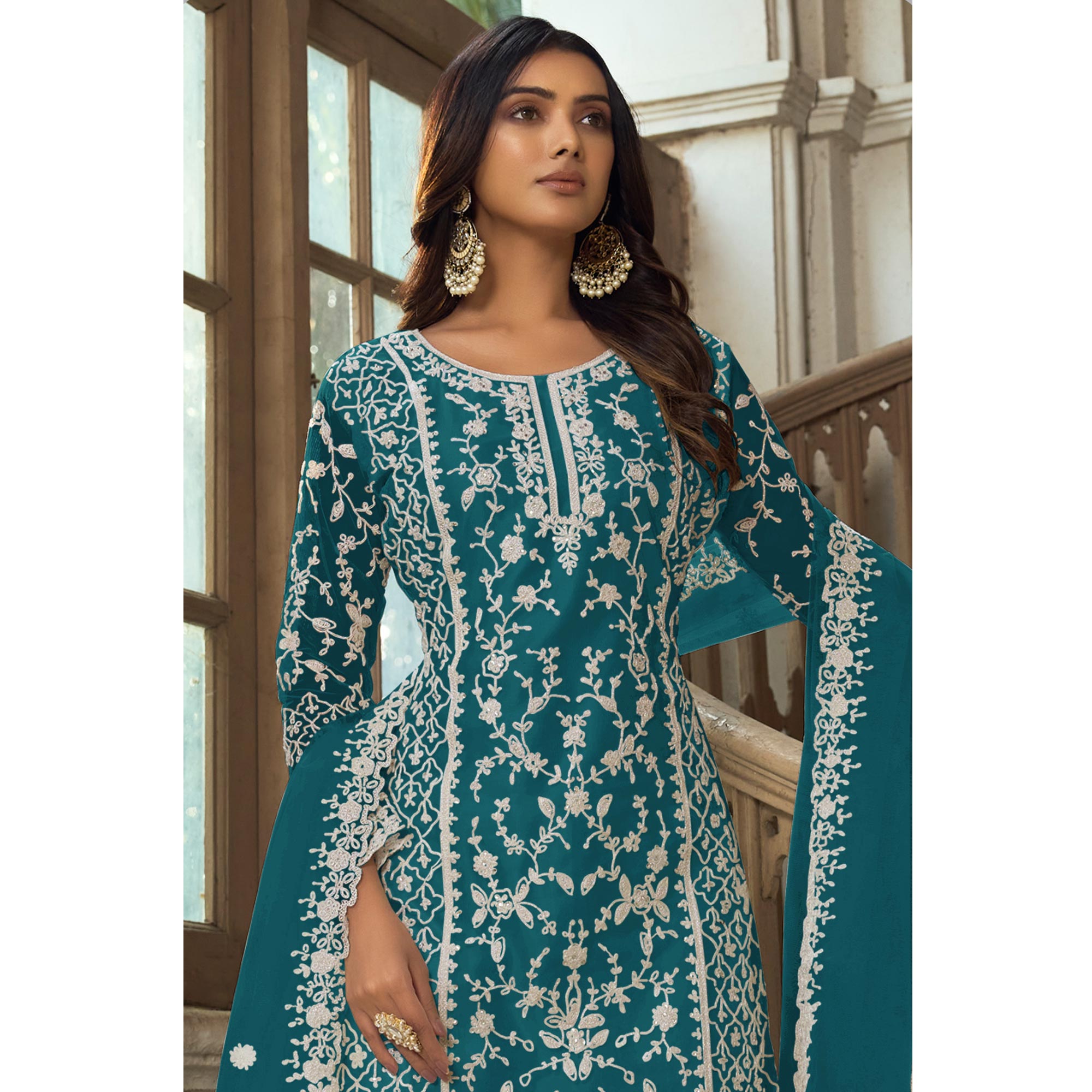 Morpich Floral Embroidered Net Semi Stitched Suit