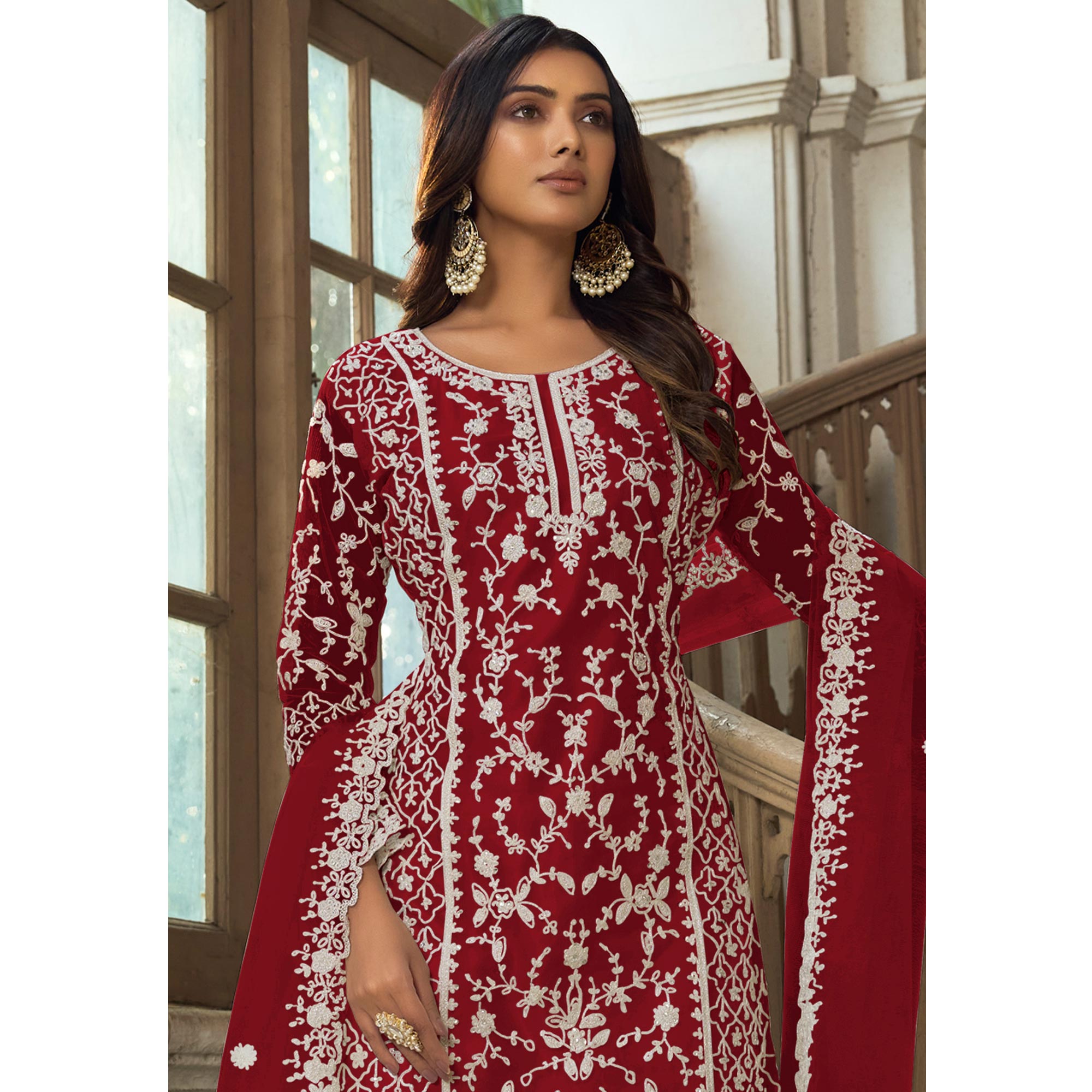 Red Floral Embroidered Net Semi Stitched Suit