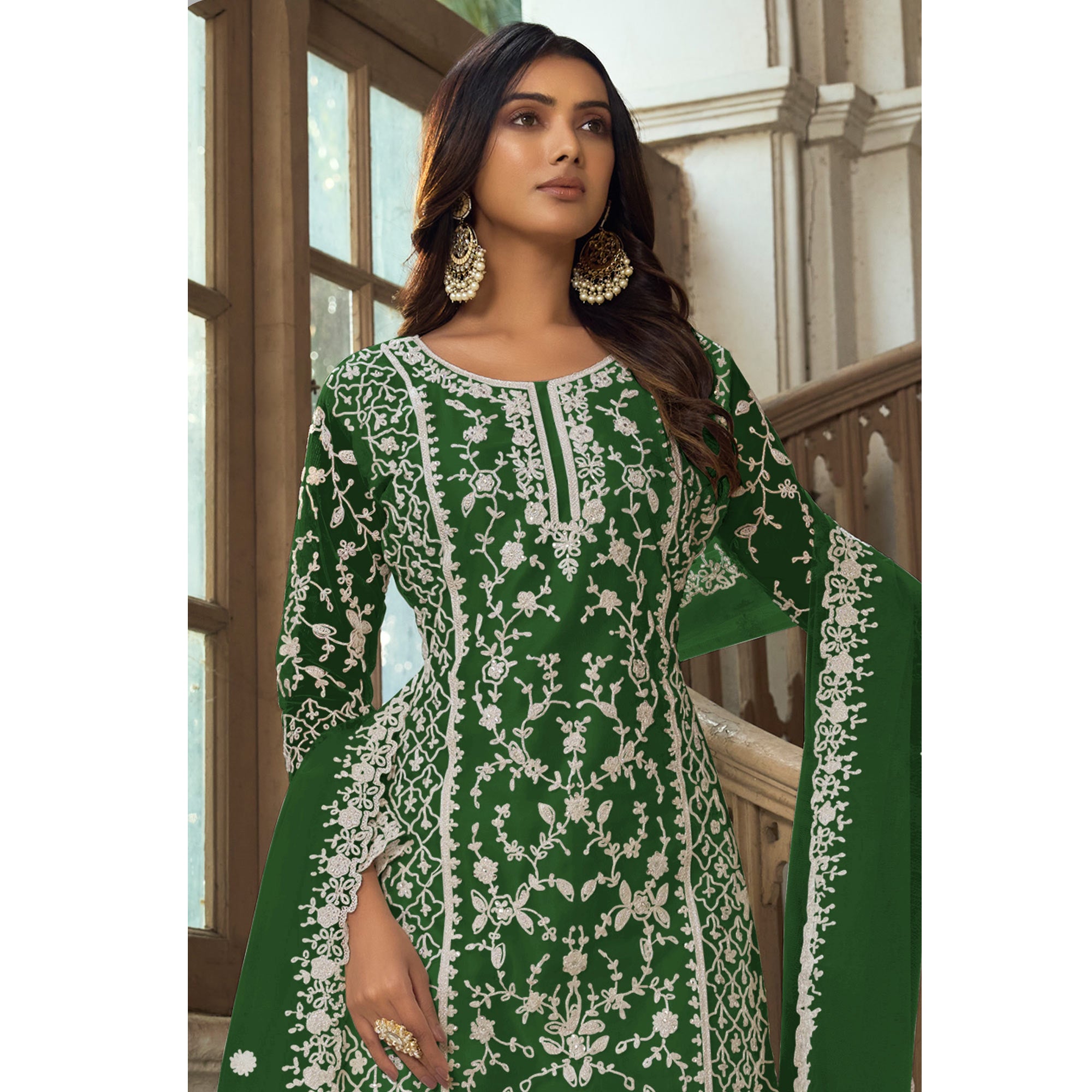 Green Floral Embroidered Net Semi Stitched Suit