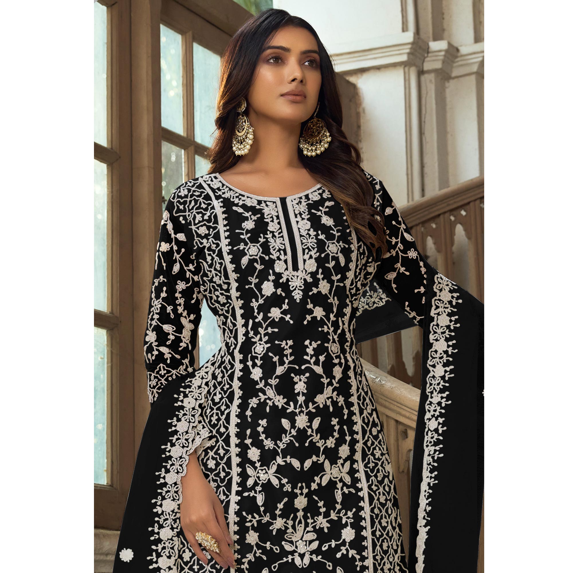 Black Floral Embroidered Net Semi Stitched Suit